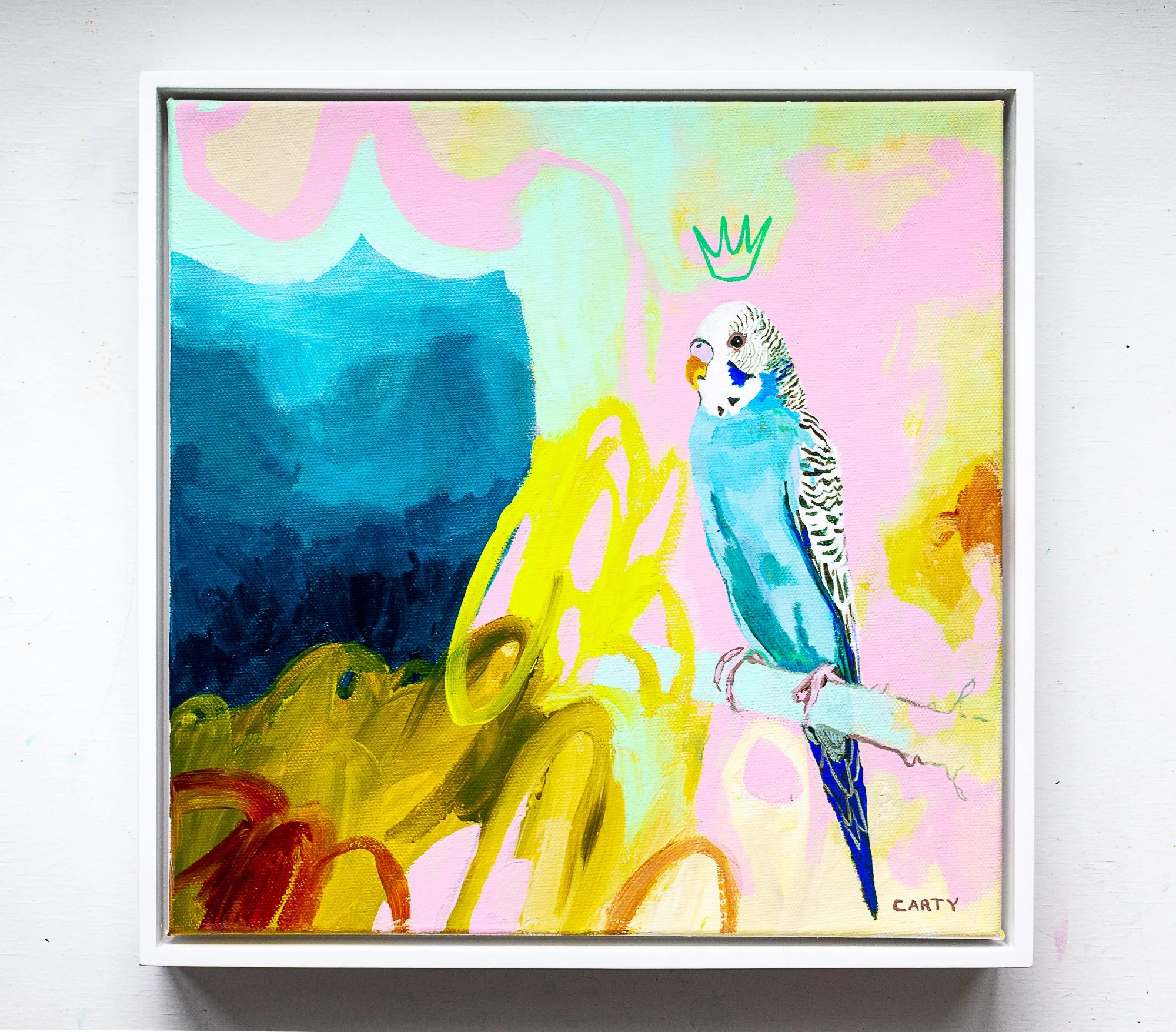 abstract parakeet painting by Megan Carty
