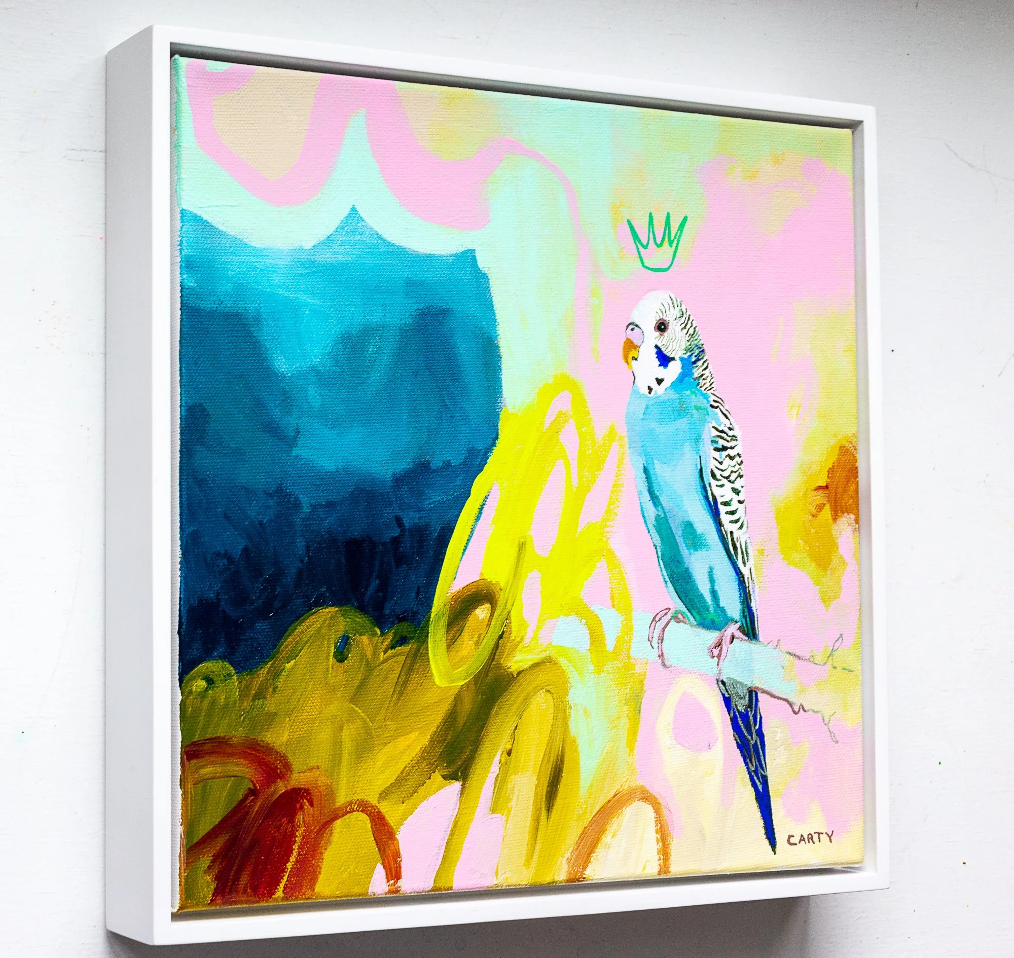 abstract parakeet painting by Megan Carty