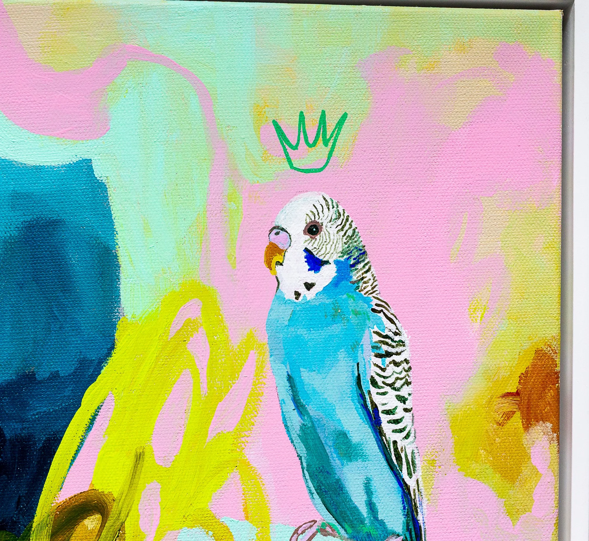 detail: abstract parakeet painting by Megan Carty