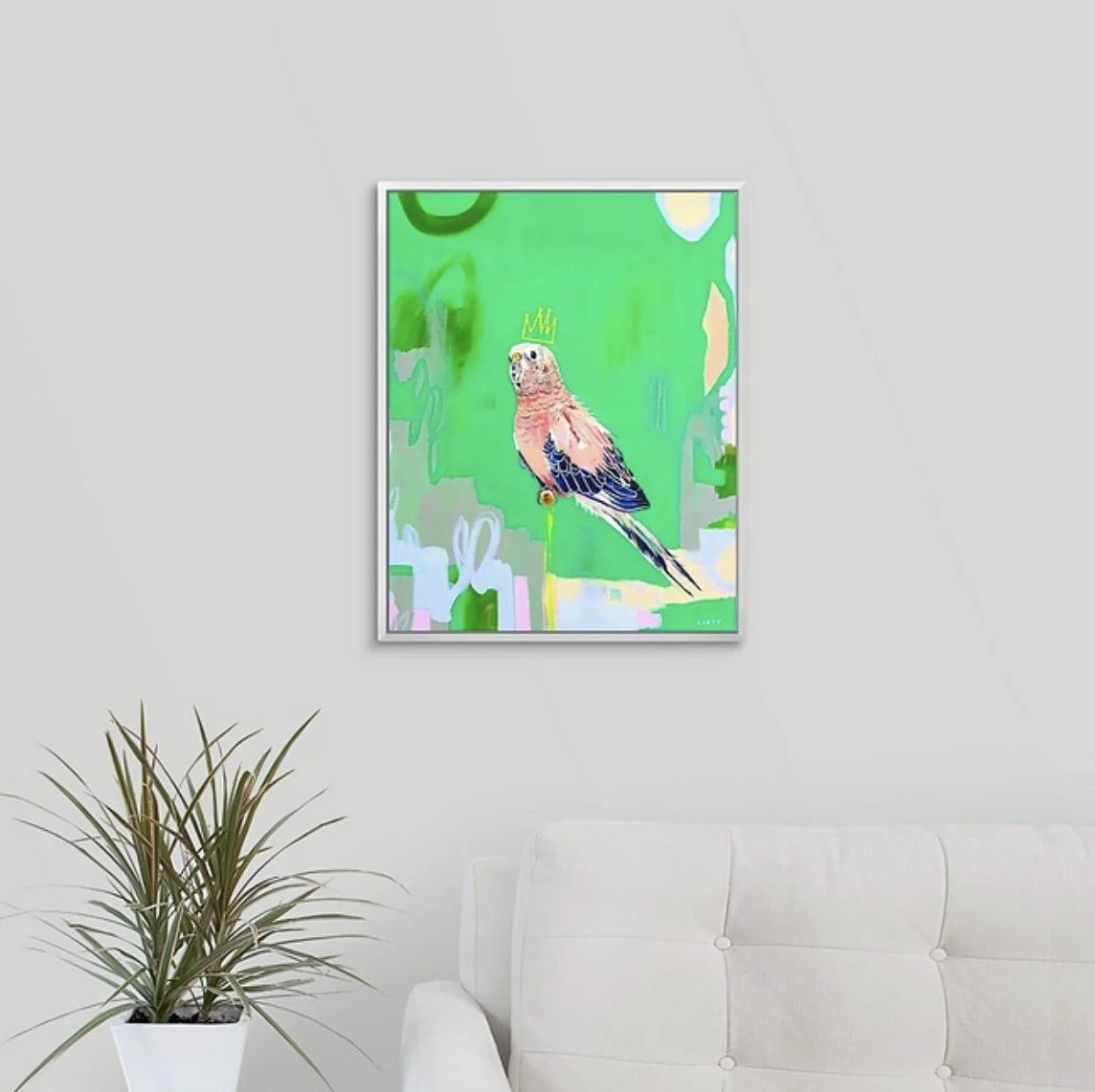 preppy palm beach decor, pink cockatoo art print by Megan Carty