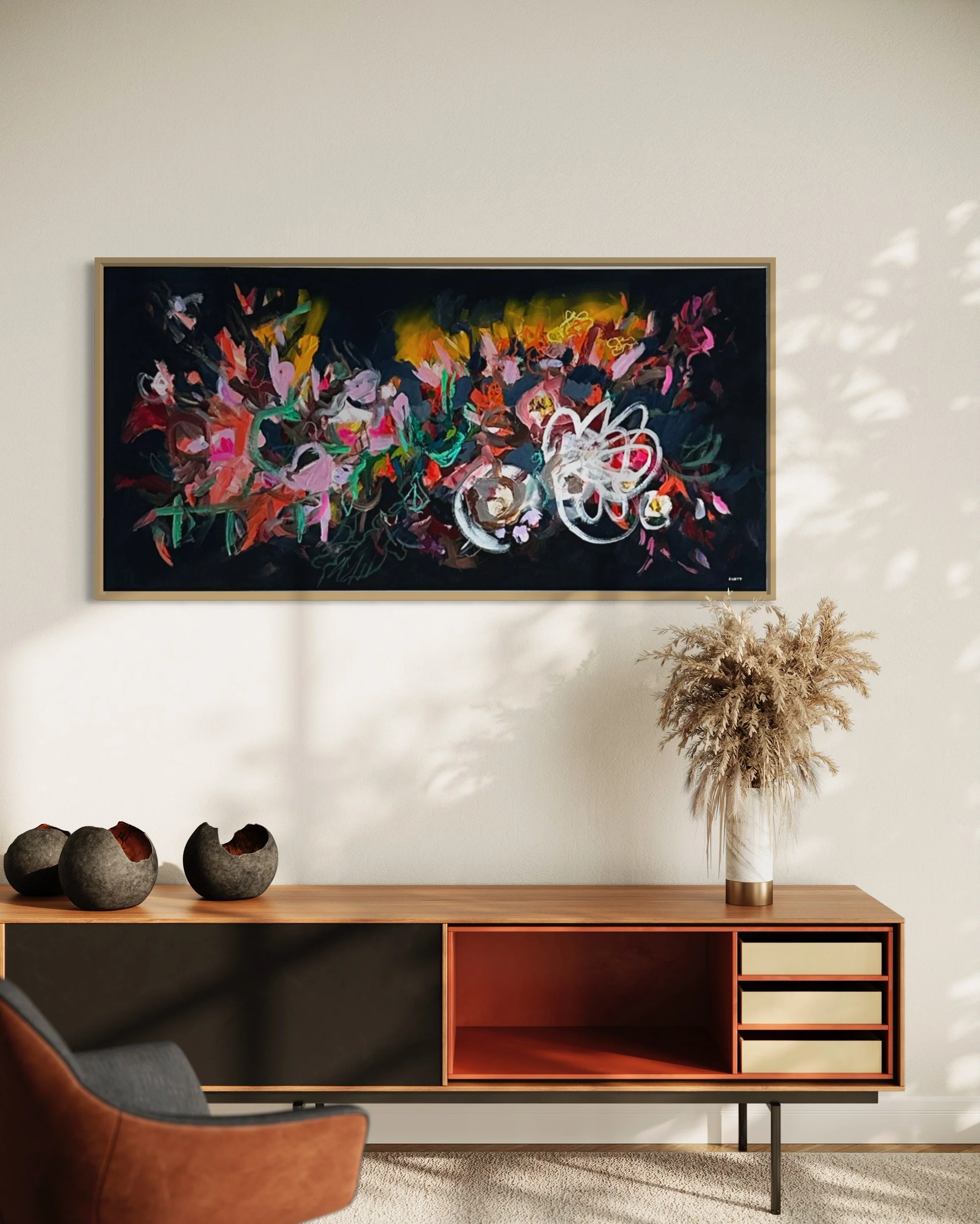 dramatic abstract floral painting by Megan Carty