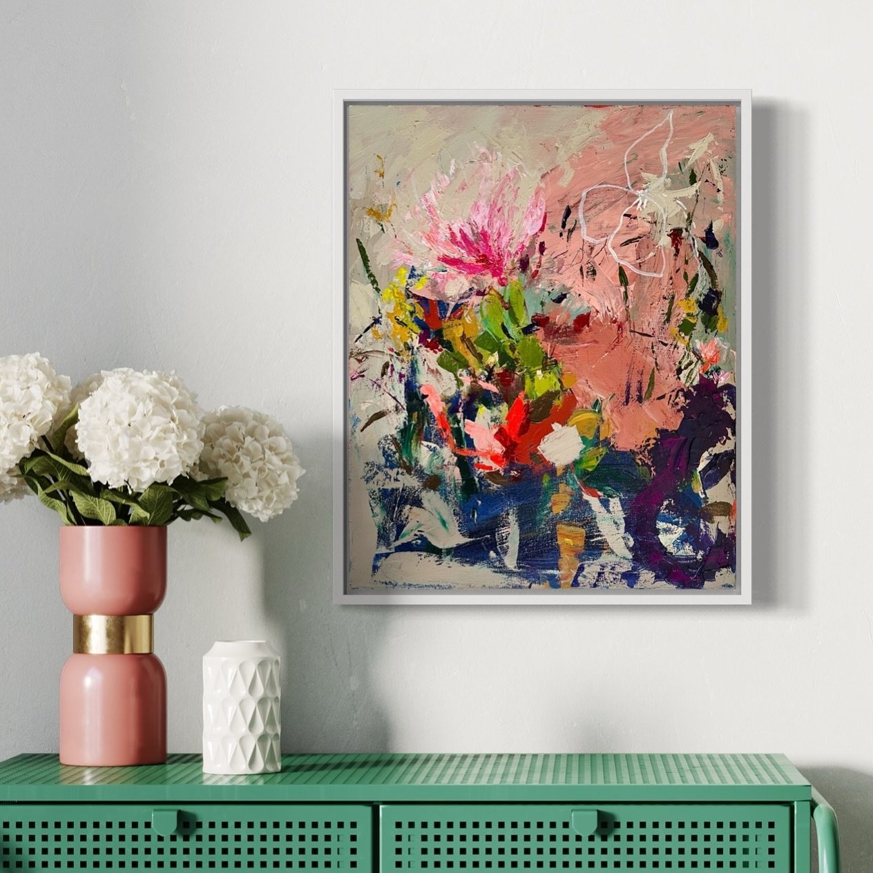 I&rsquo;m listing her soon&hellip;DM me if you want to claim her first! I&rsquo;m enjoying using floral colors but in an abstract way. I want to make things that look pleasing right now. Some art experts frown on making paintings &ldquo;pretty&rdquo;