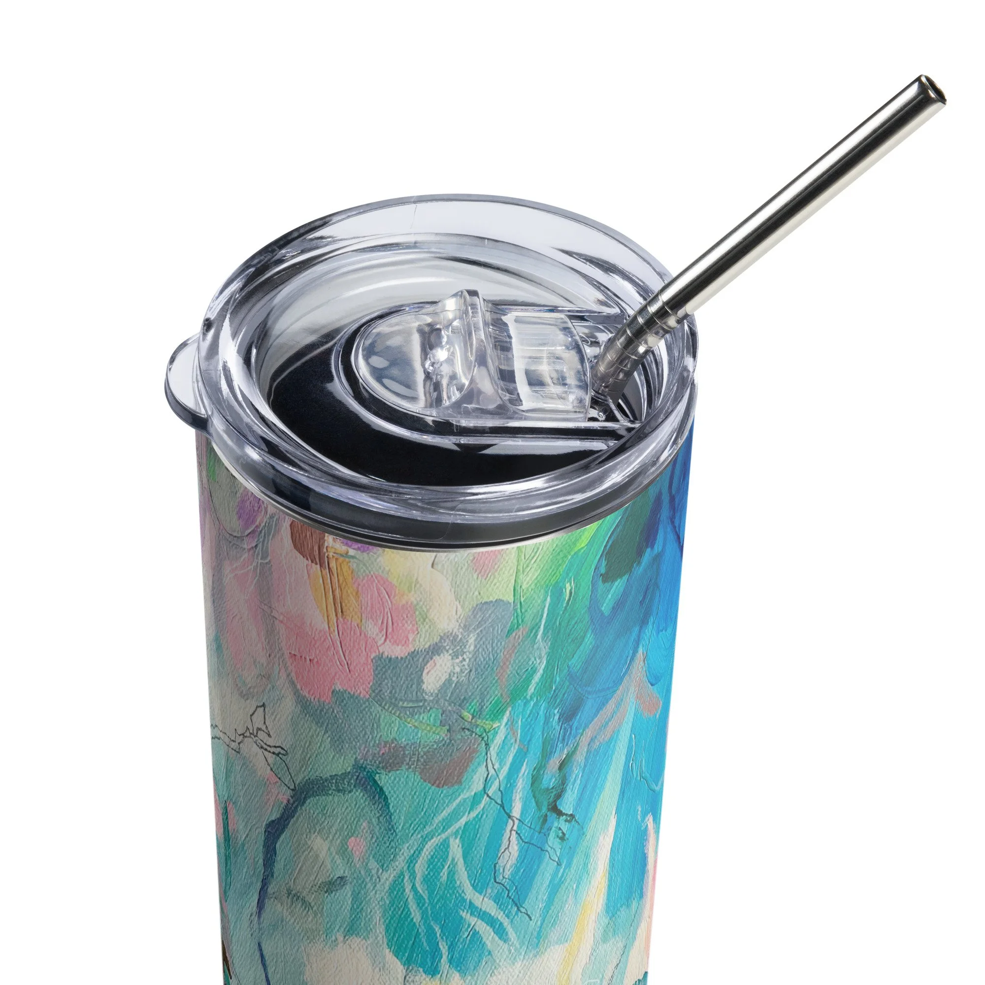 stainless tumbler with blue abstract art by Megan Carty, mother's day gift