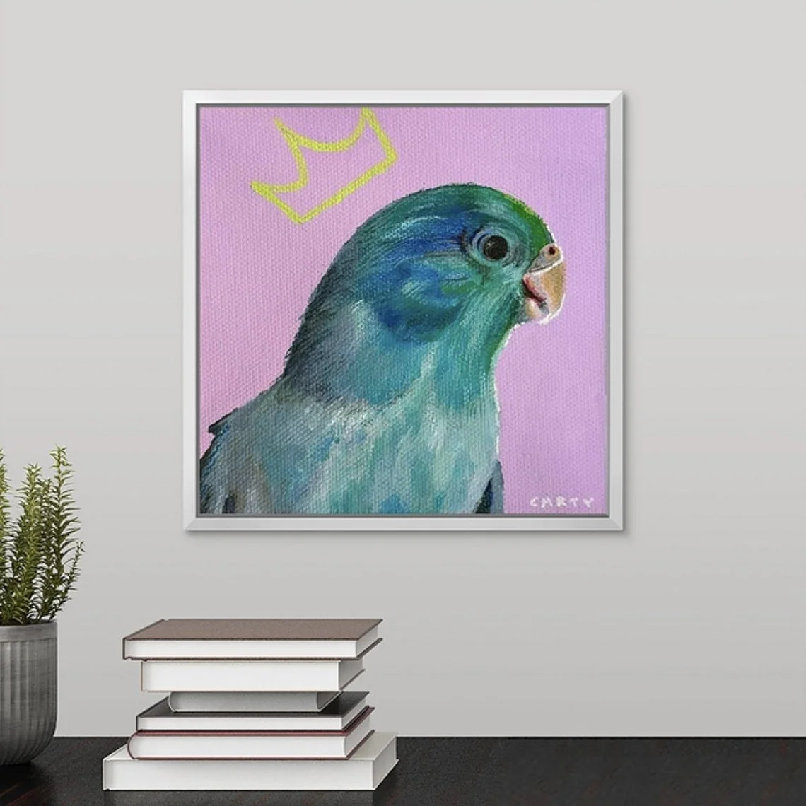 preppy chic pink framed fine art print of a parakeet by Megan Carty