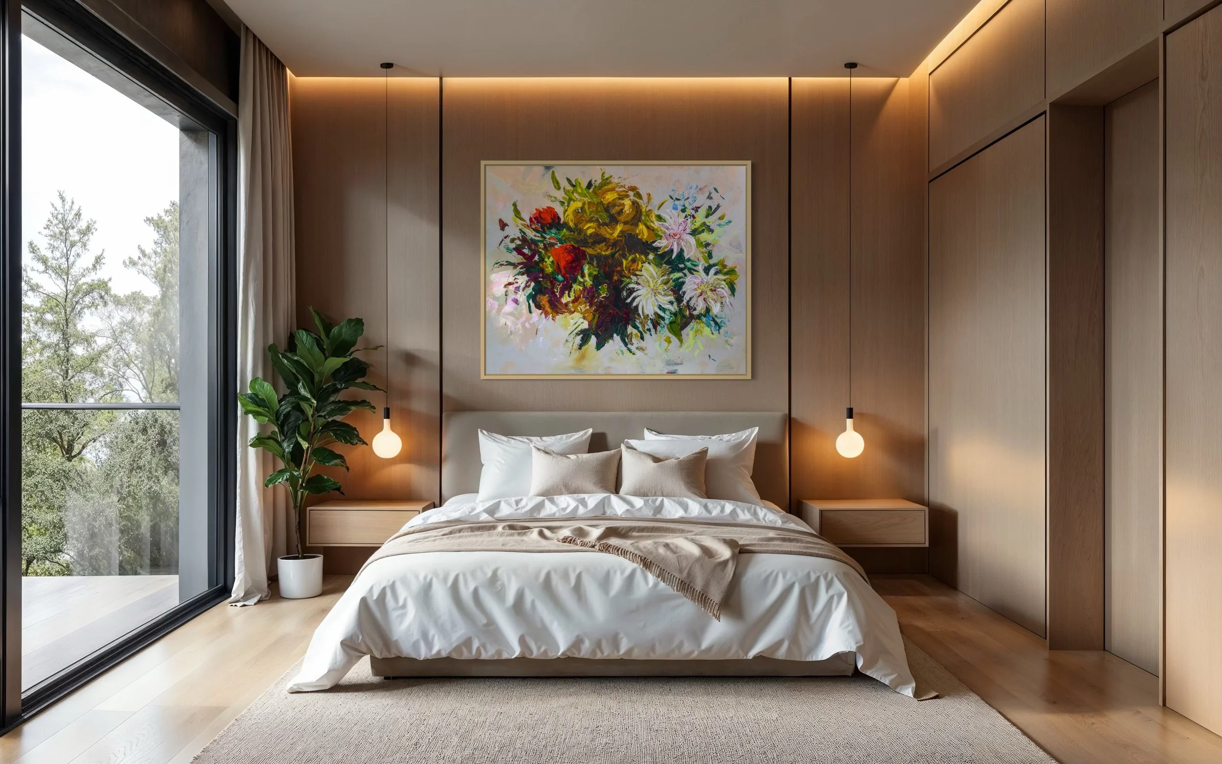 french style abstract floral painting in modern bedroom by Megan Carty
