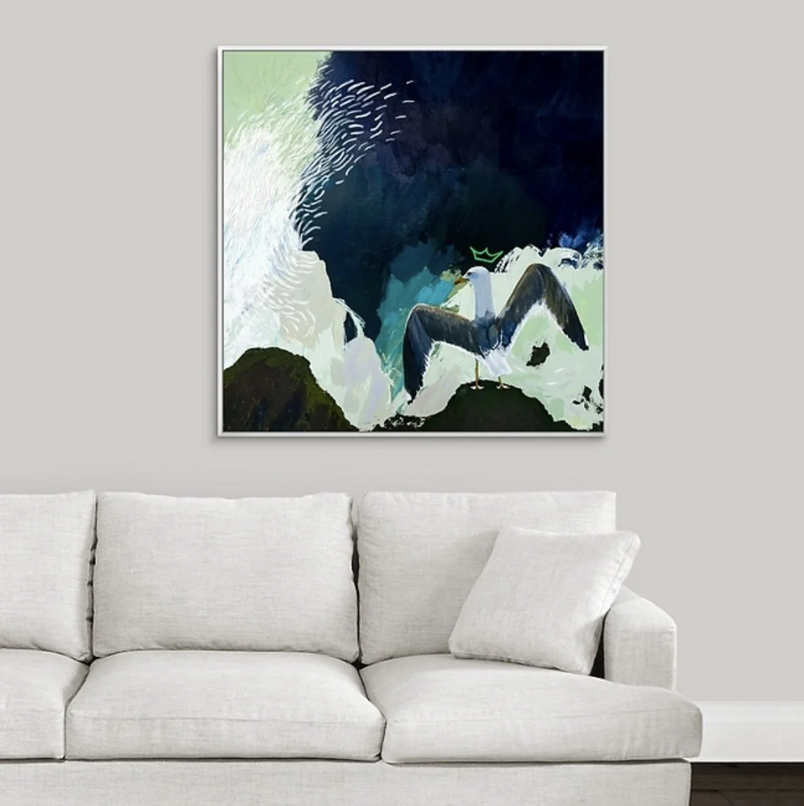 julie loves a nude beach seagull framed fine art print by Megan Carty