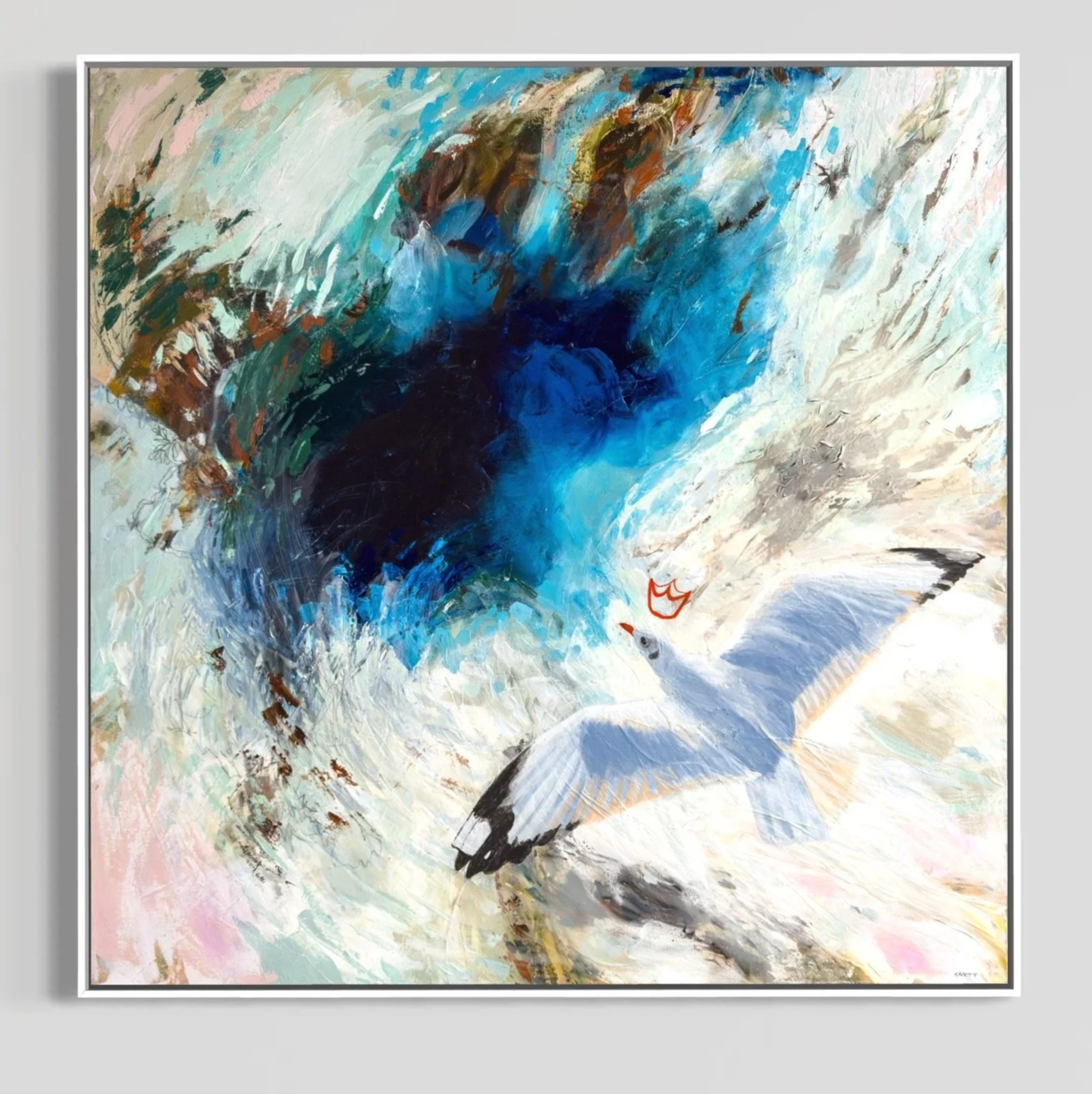 large coastal art painting of a flying seabird by Megan Carty