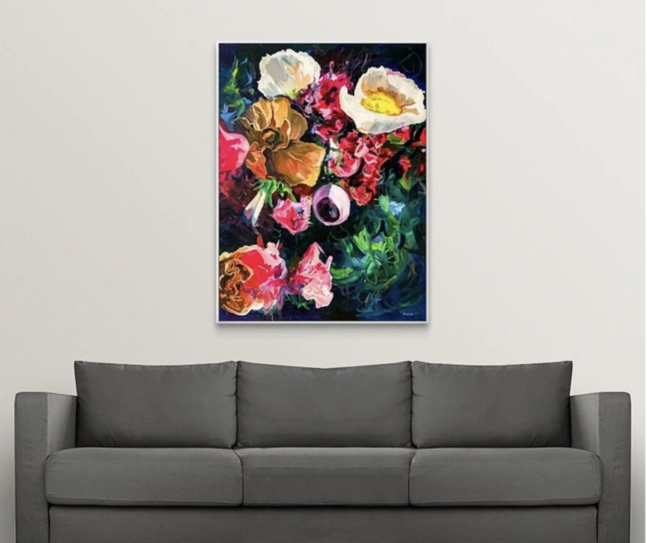 moody abstract floral painting fine art print in blues and pinks by Megan Carty