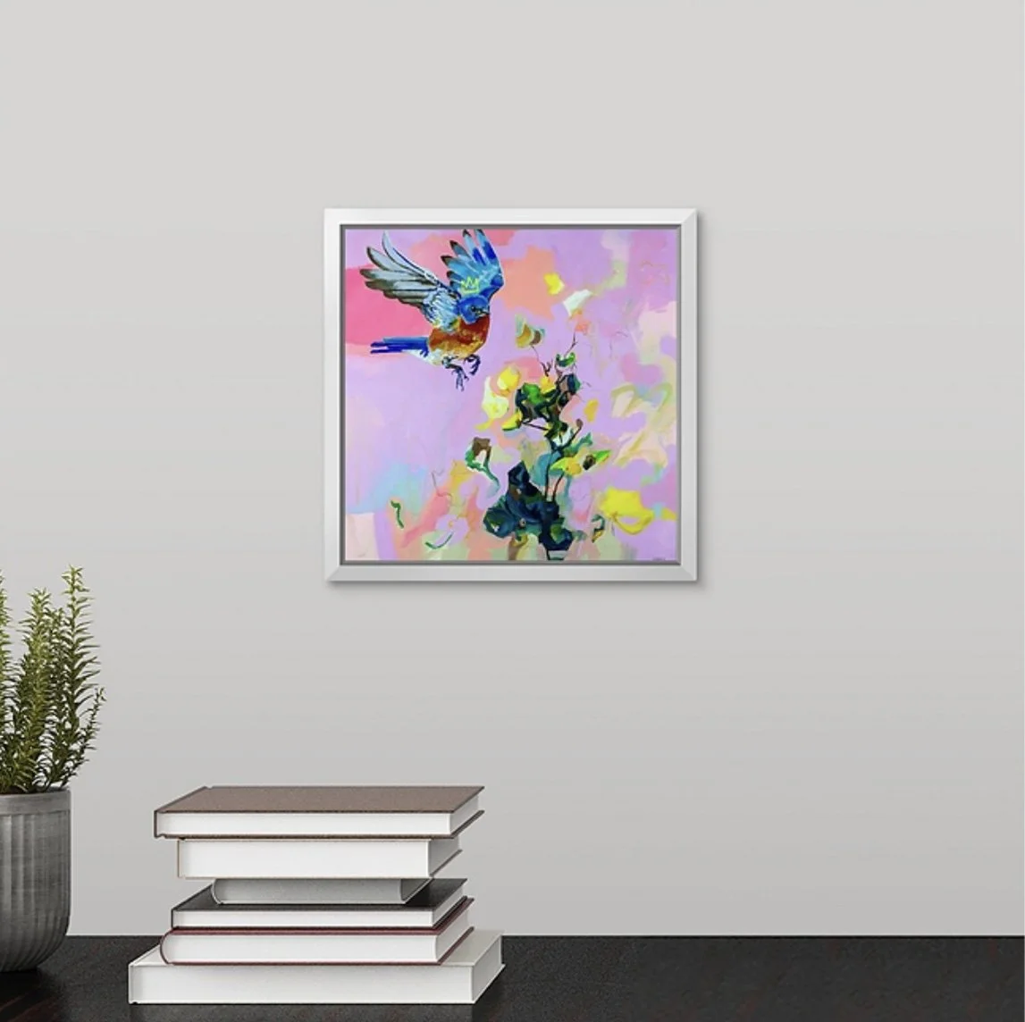 colorful crowned bluebird square art print, framed, Megan Carty