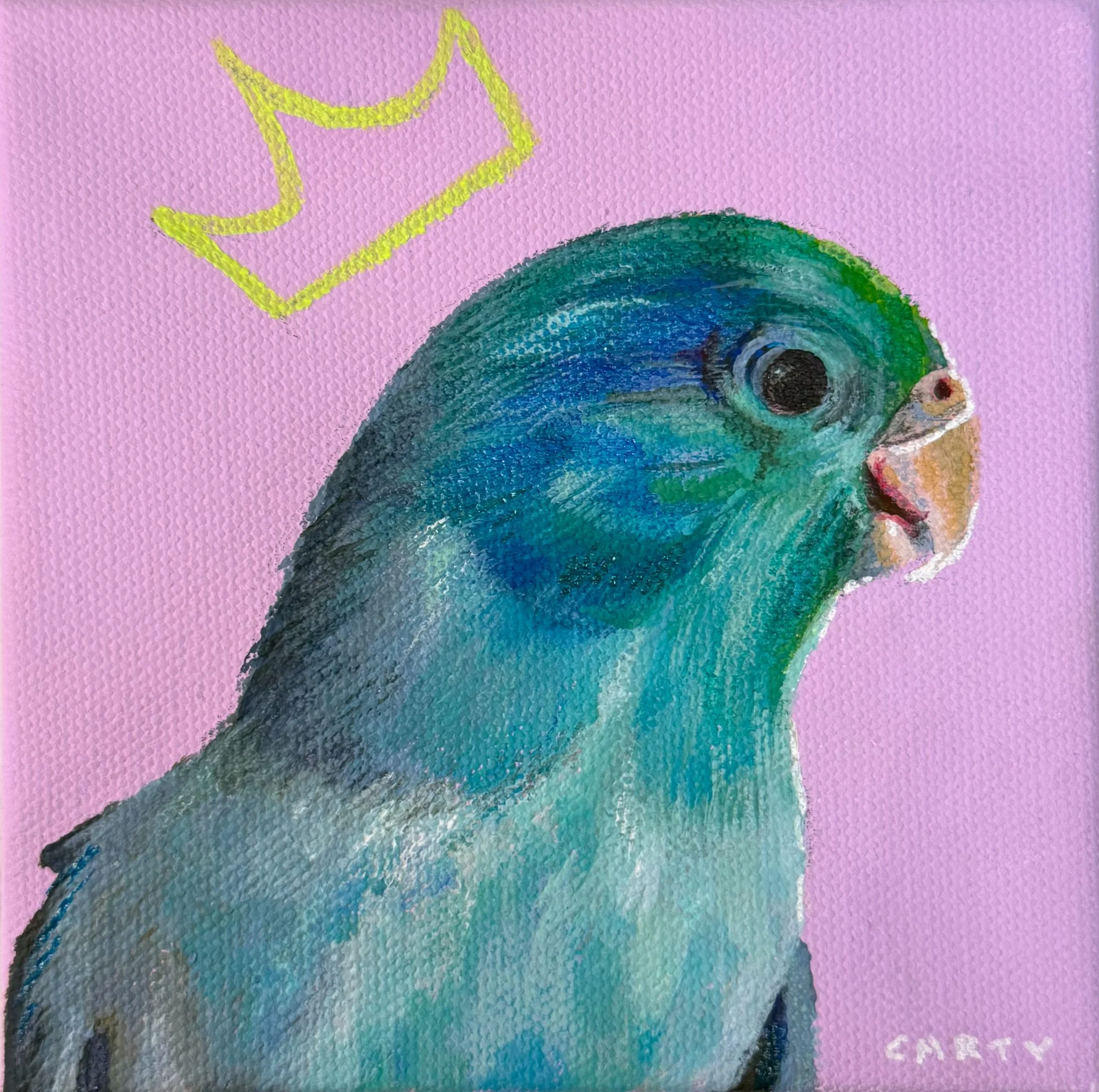 blue green parakeet wearing a crown painting by Megan Carty