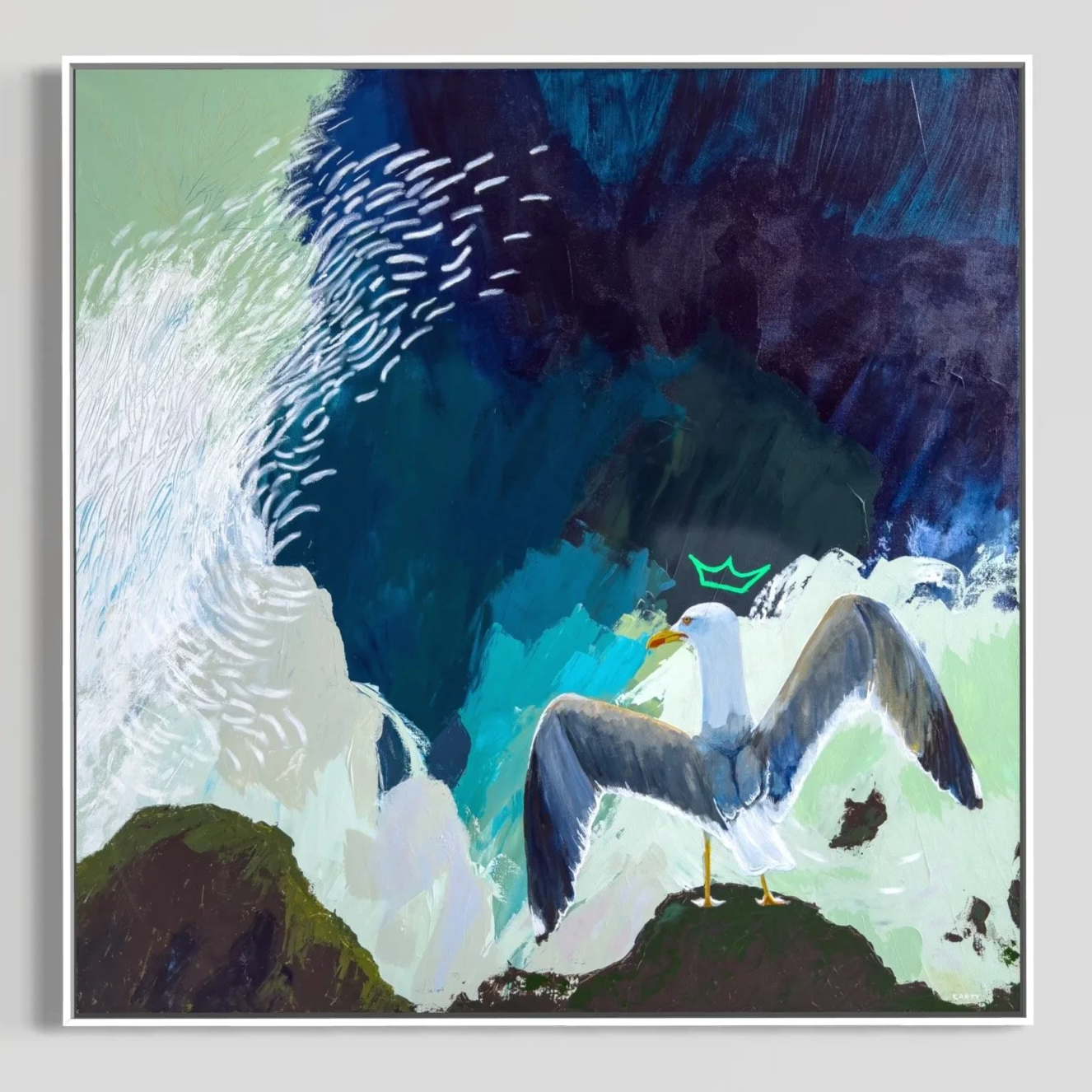 coastal abstract painting with a seabird by Megan Carty