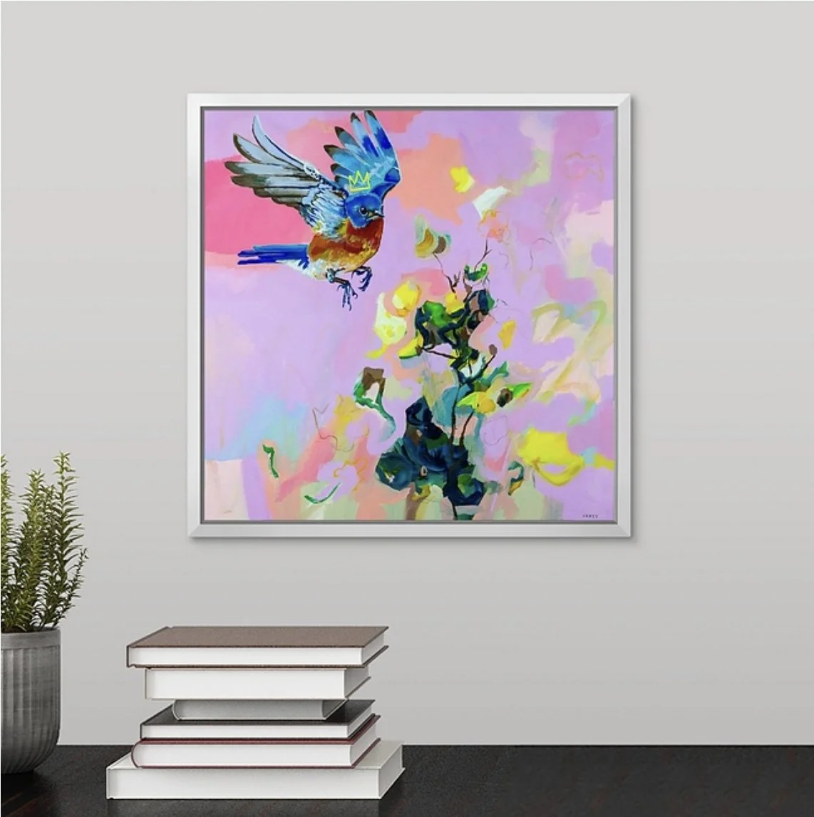 colorful crowned bluebird square art print, framed, Megan Carty