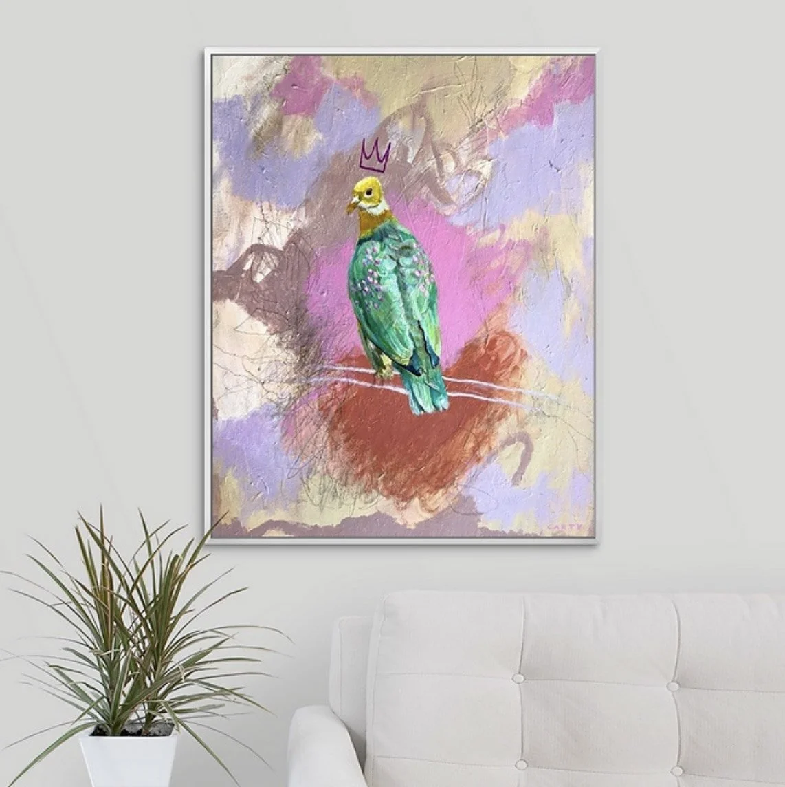 brightly colored bird art, yellow spotted fruit dove fine art print by Megan Carty