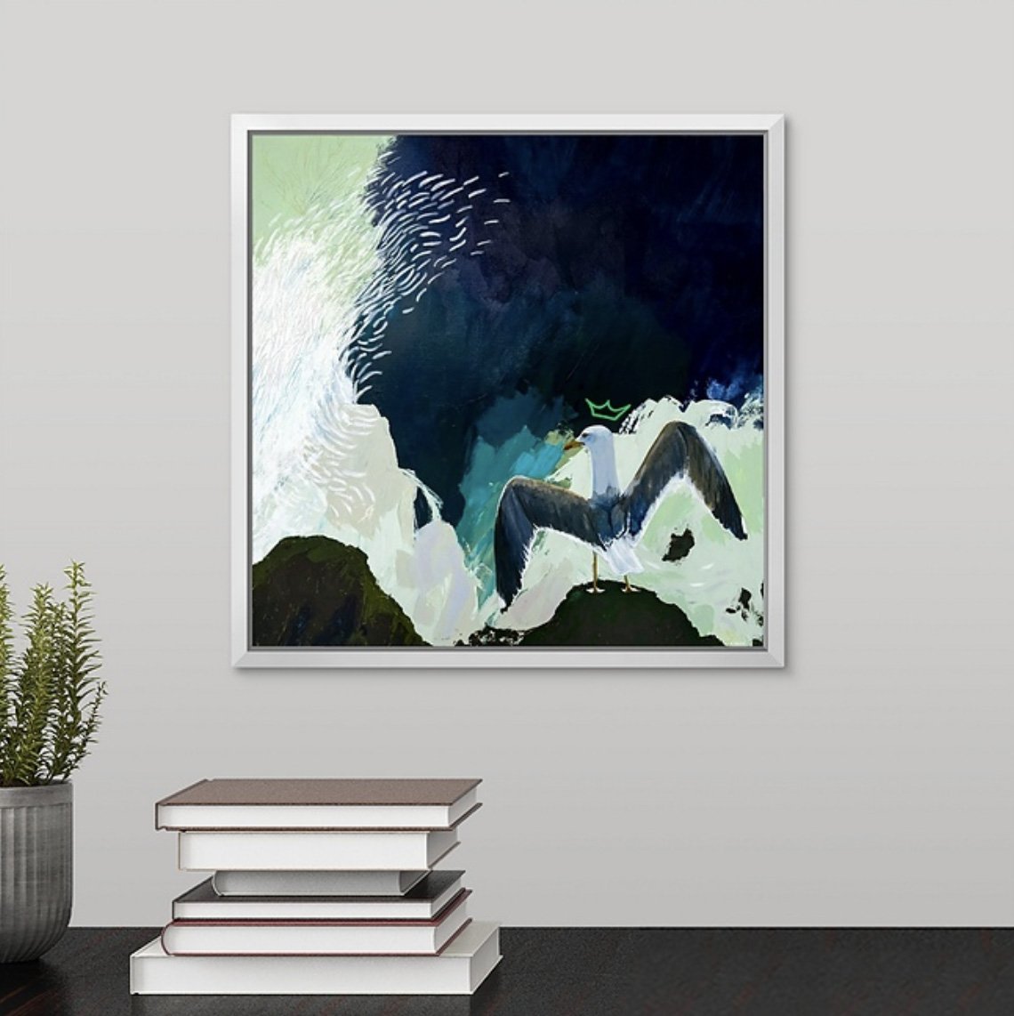 julie loves a nude beach seagull framed fine art print by Megan Carty