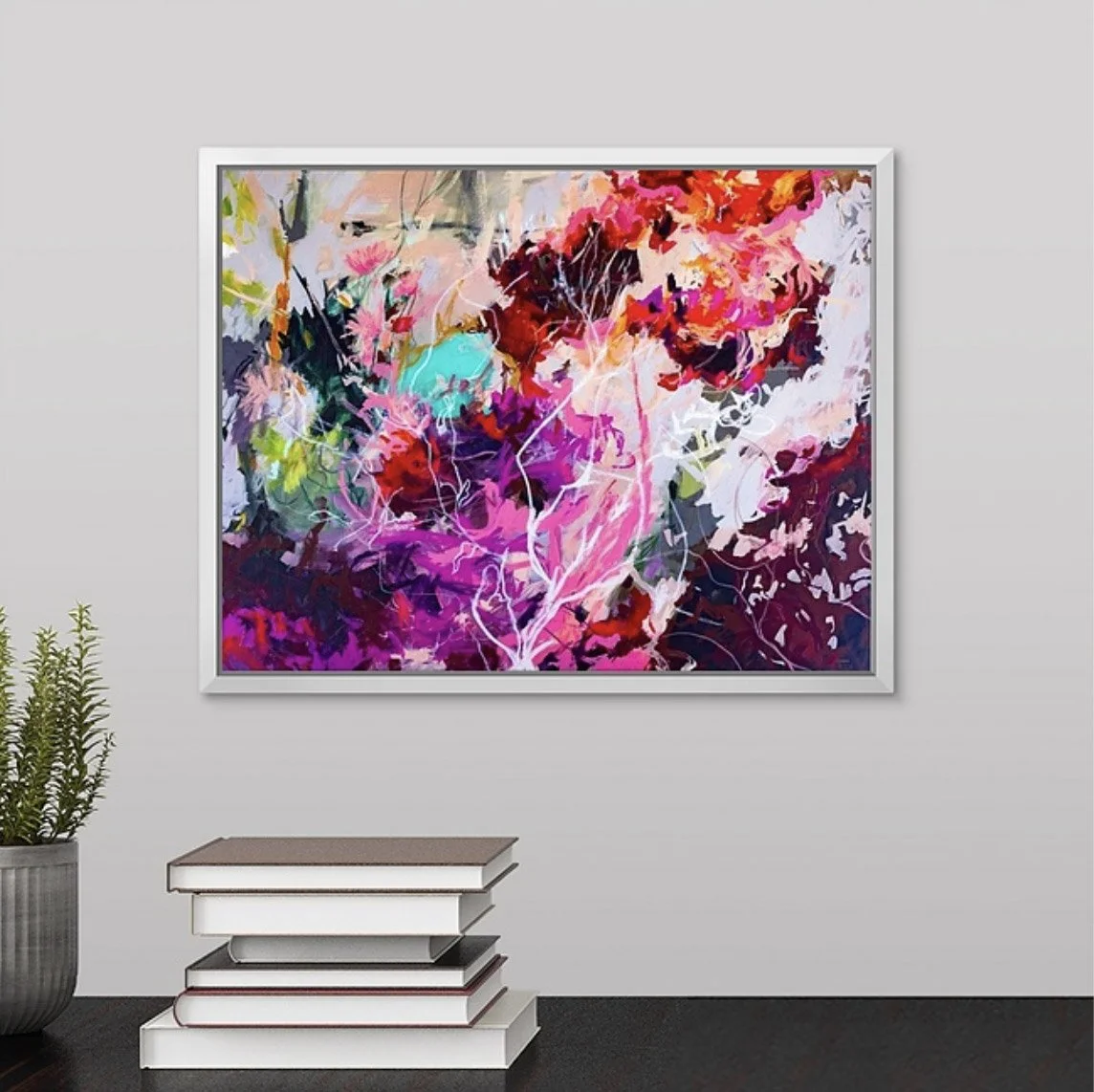 wooded abstract landscape painting in pinks and purples, fine art print by Megan Carty