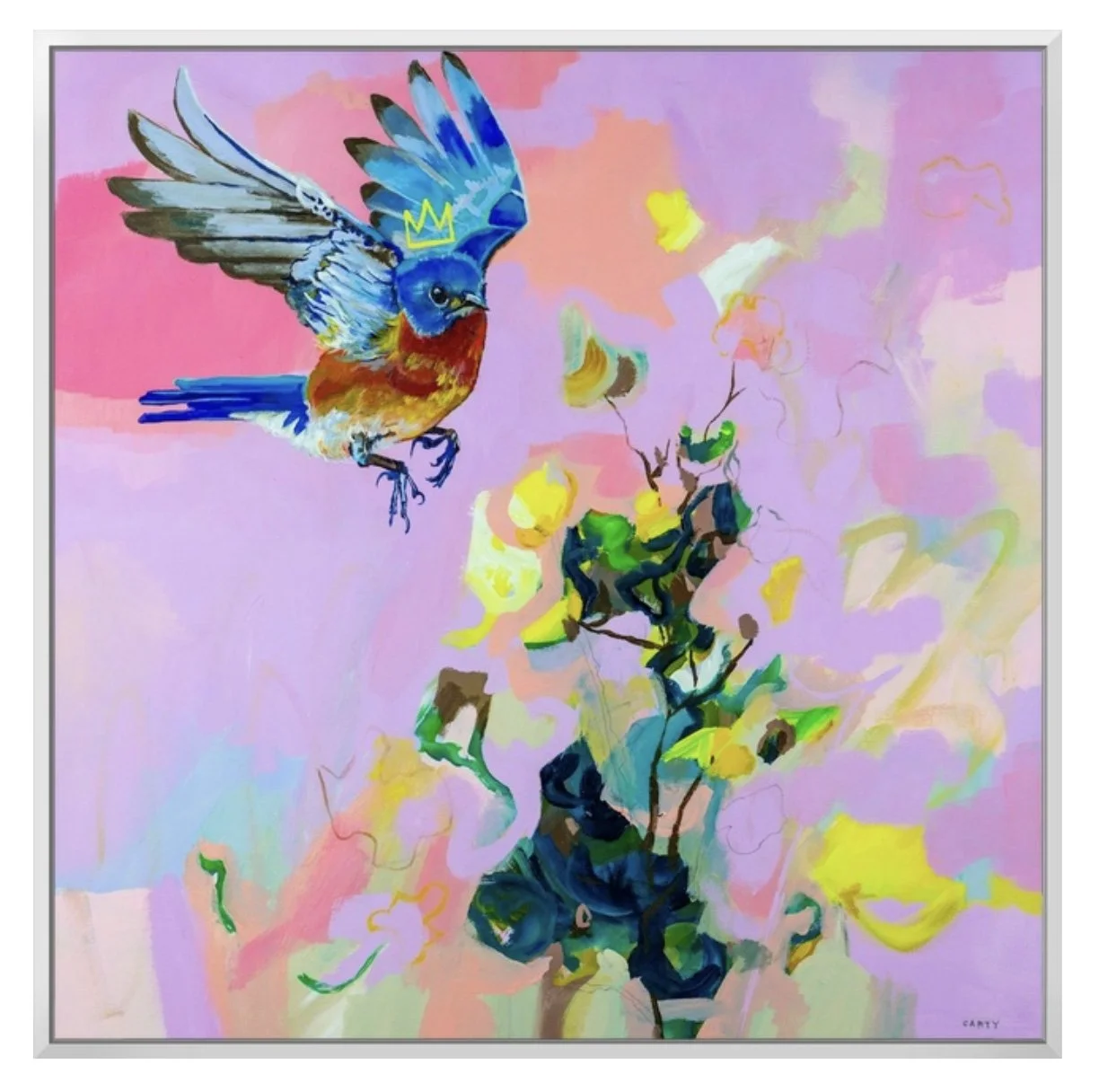 colorful crowned bluebird square art print, framed, Megan Carty