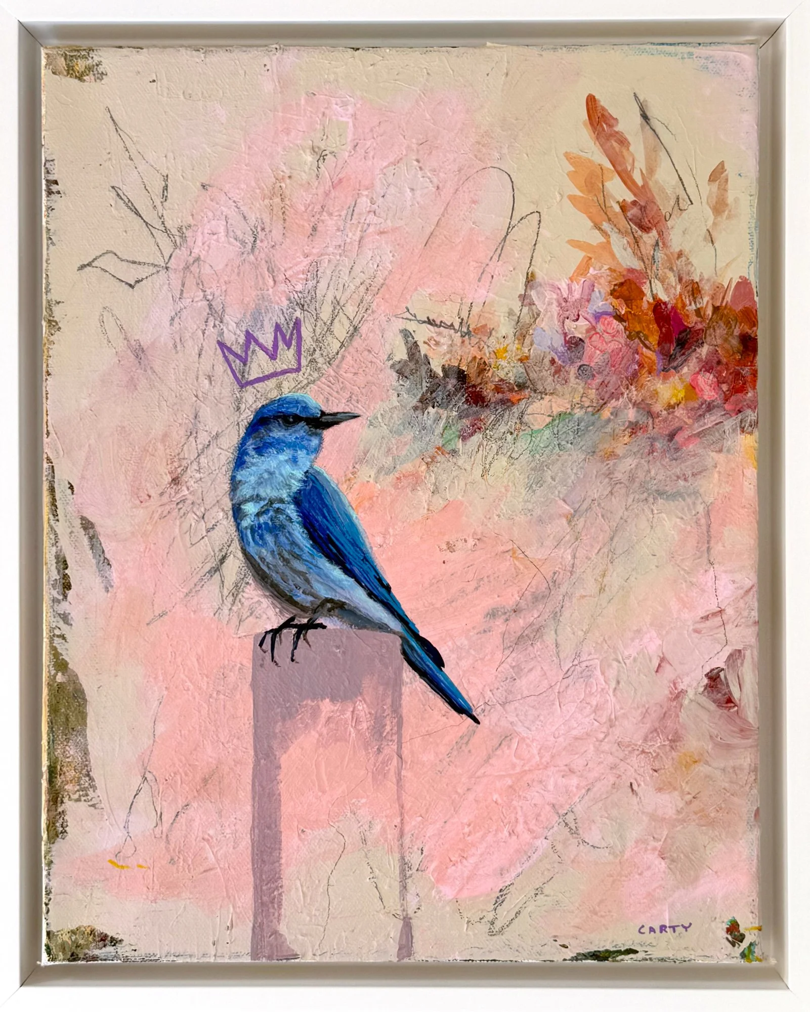 Painting of a blue bird wearing a crown in fun colors on an abstract background by Megan Carty