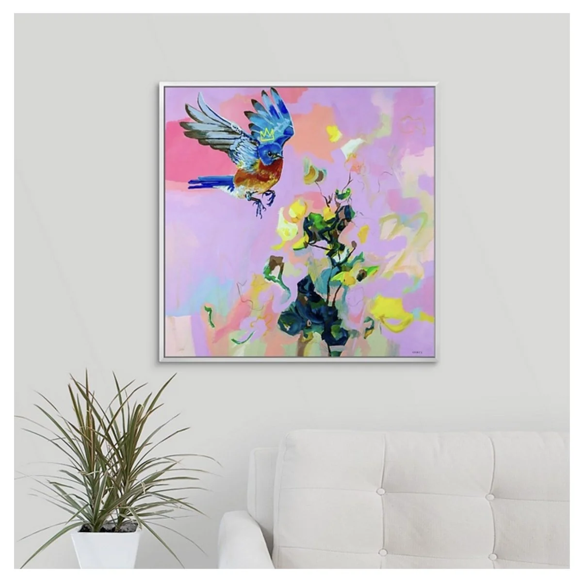 colorful crowned bluebird square art print, framed, Megan Carty