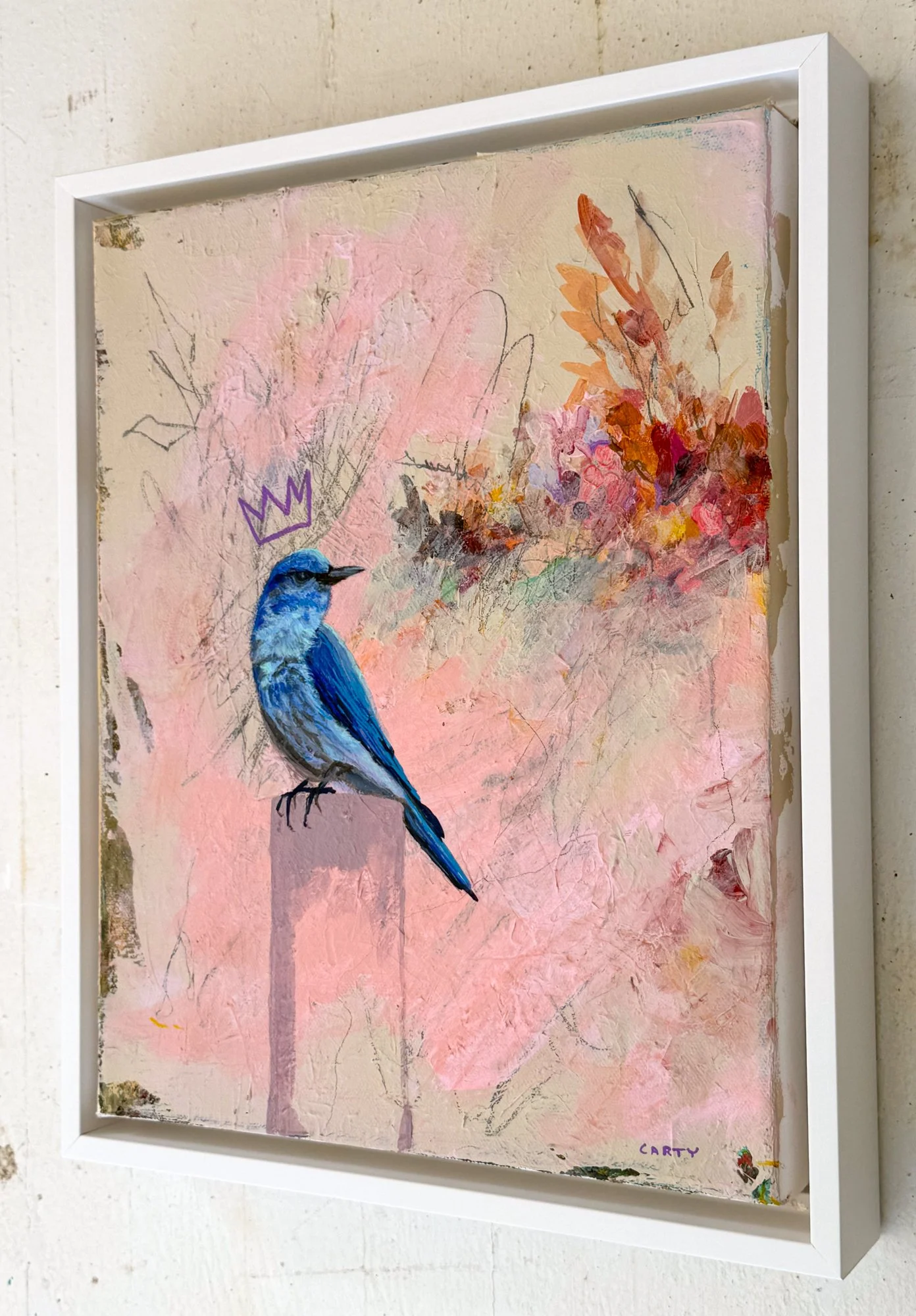 Painting of a blue bird wearing a crown in fun colors on an abstract background by Megan Carty