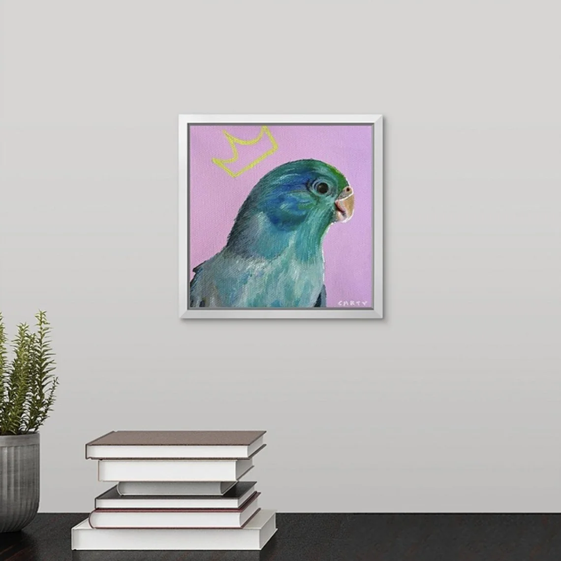 preppy chic pink framed fine art print of a parakeet by Megan Carty