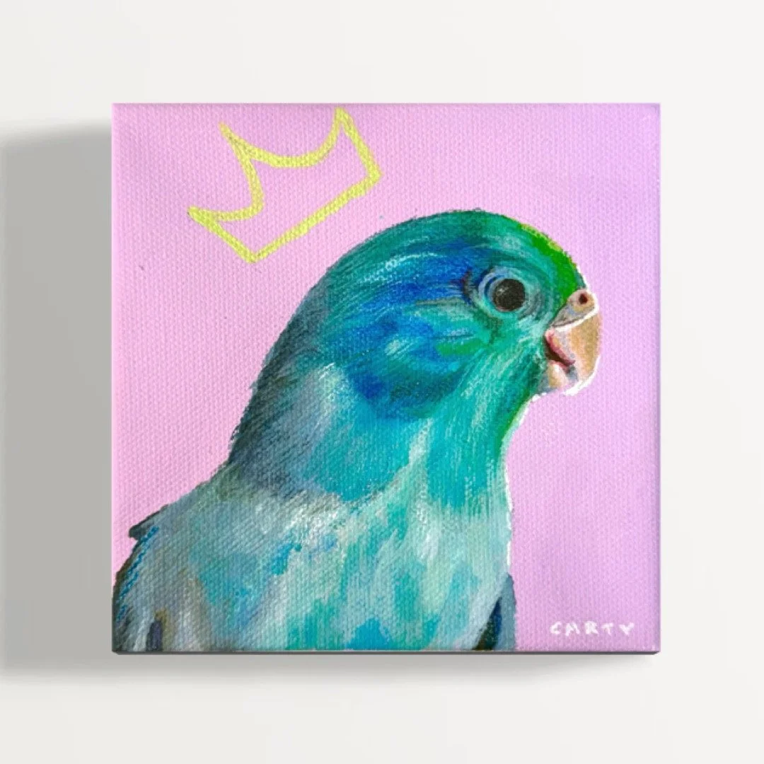 blue green parakeet wearing a crown painting by Megan Carty