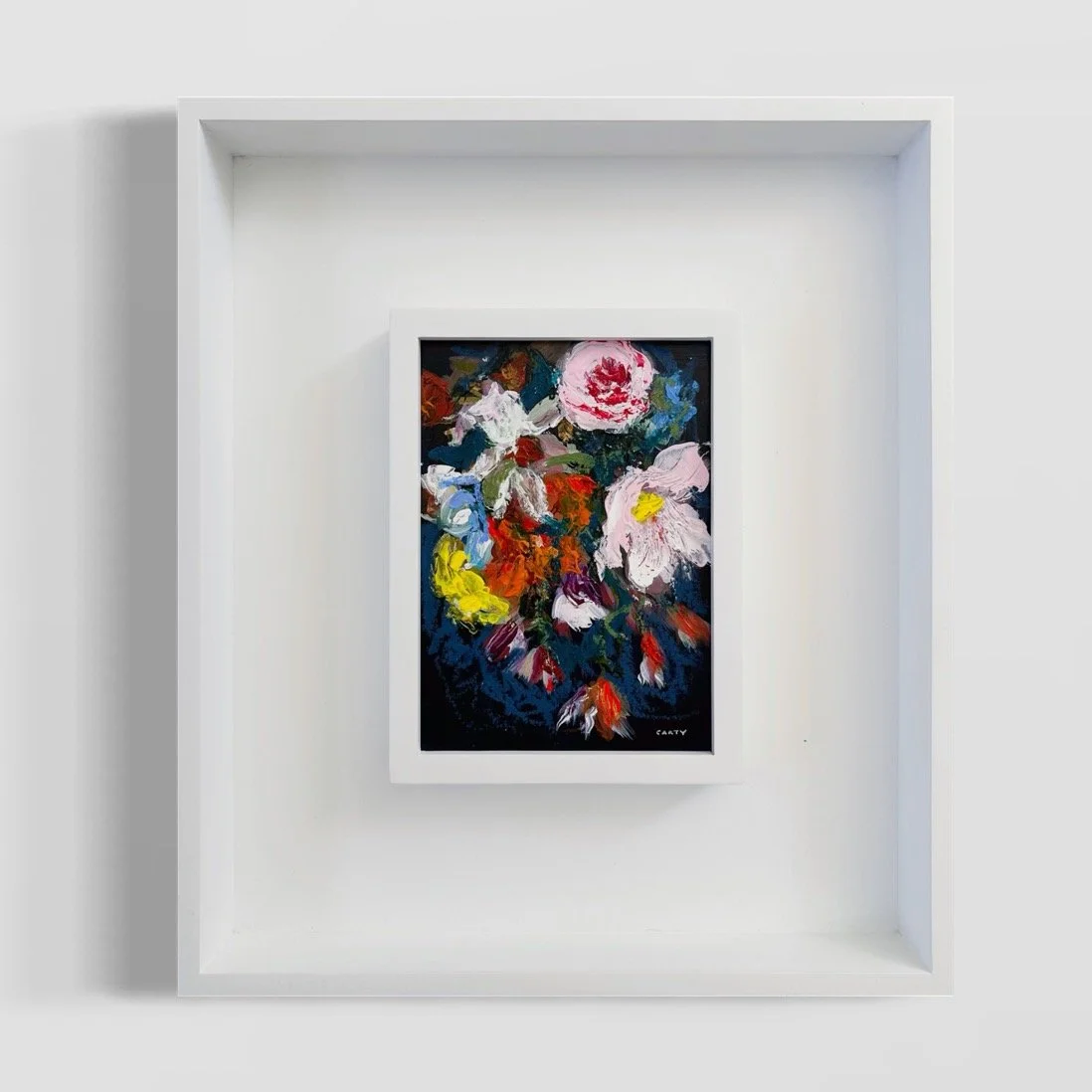 May Day Offering, 5x7, moody abstract floral painting, framed