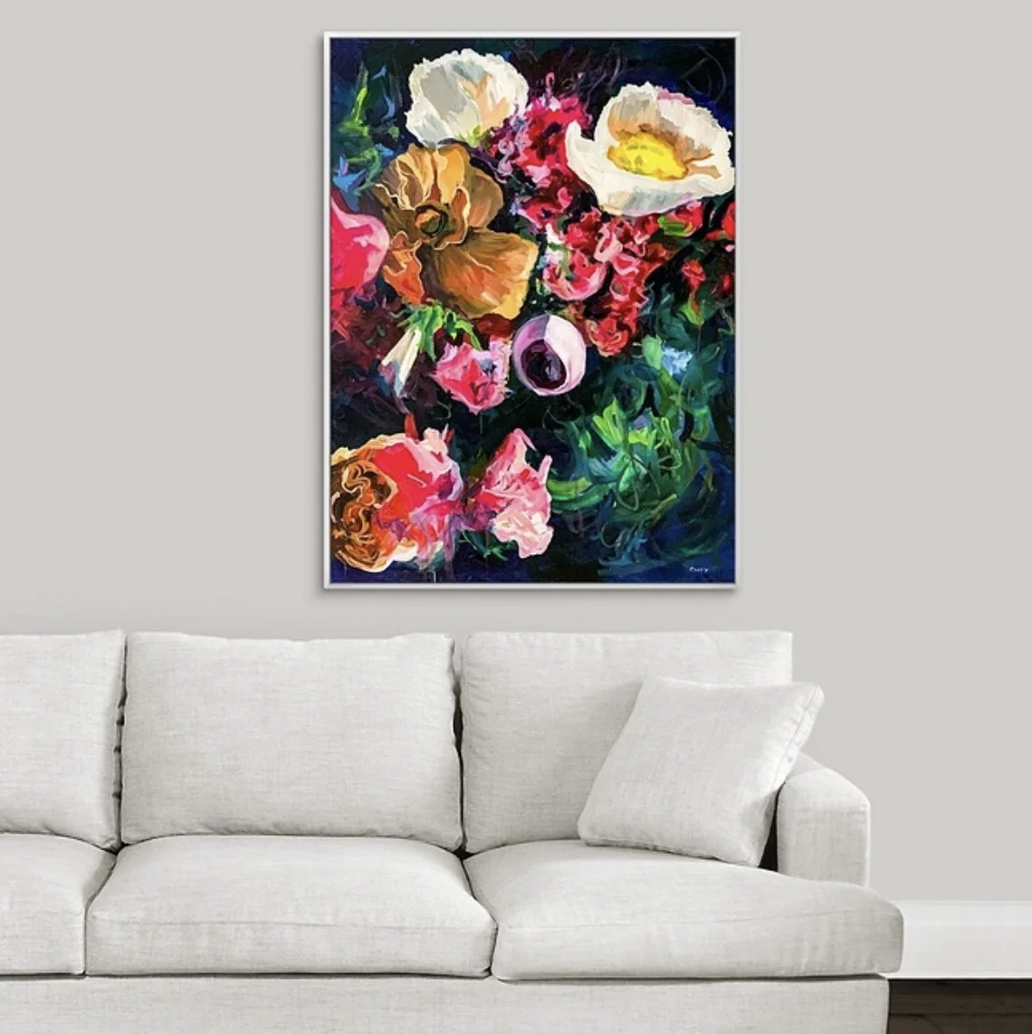 moody abstract floral painting fine art print in blues and pinks by Megan Carty