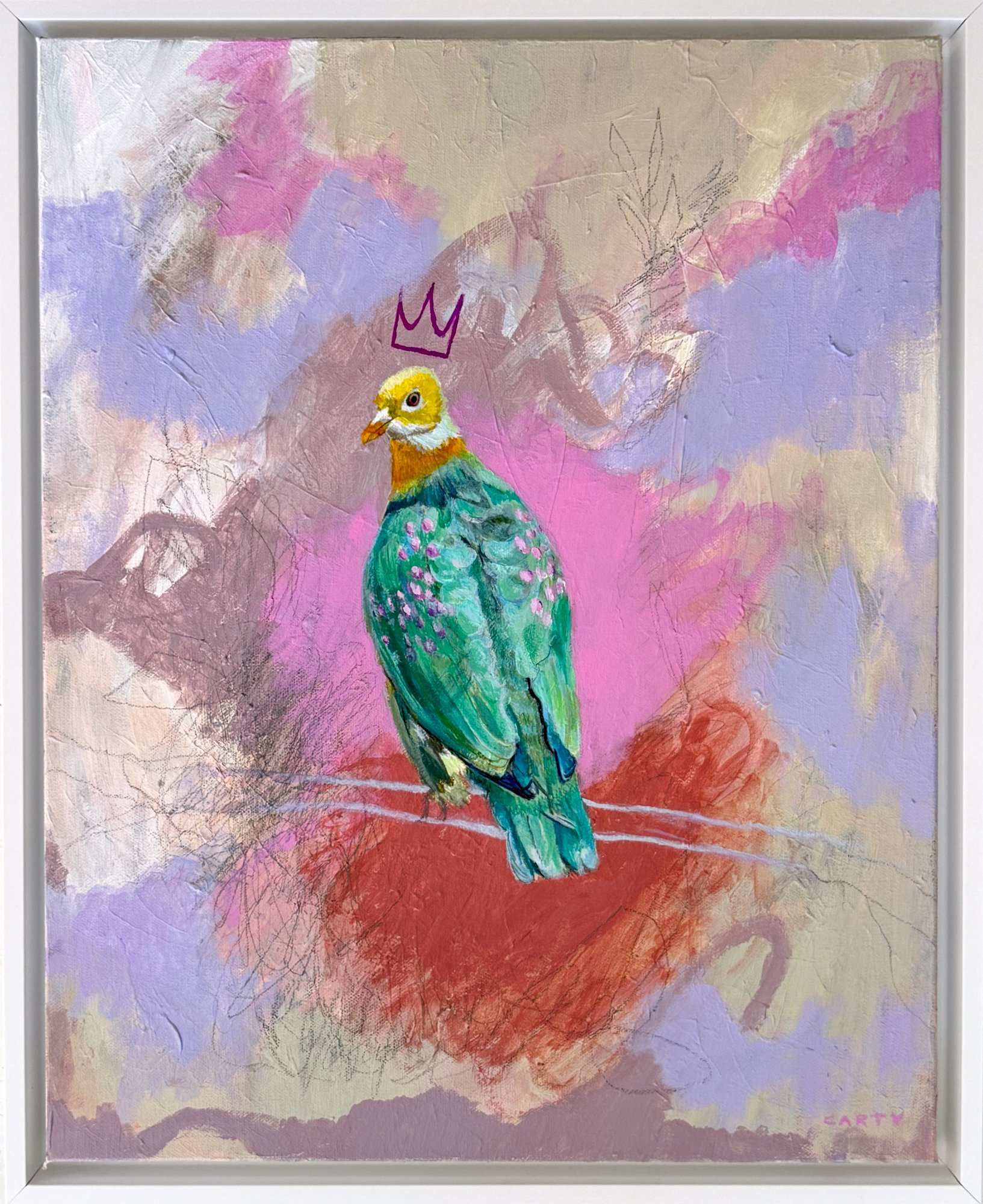 16x20 framed acrylic painting of a fruit dove wearing a crown by Megan Carty