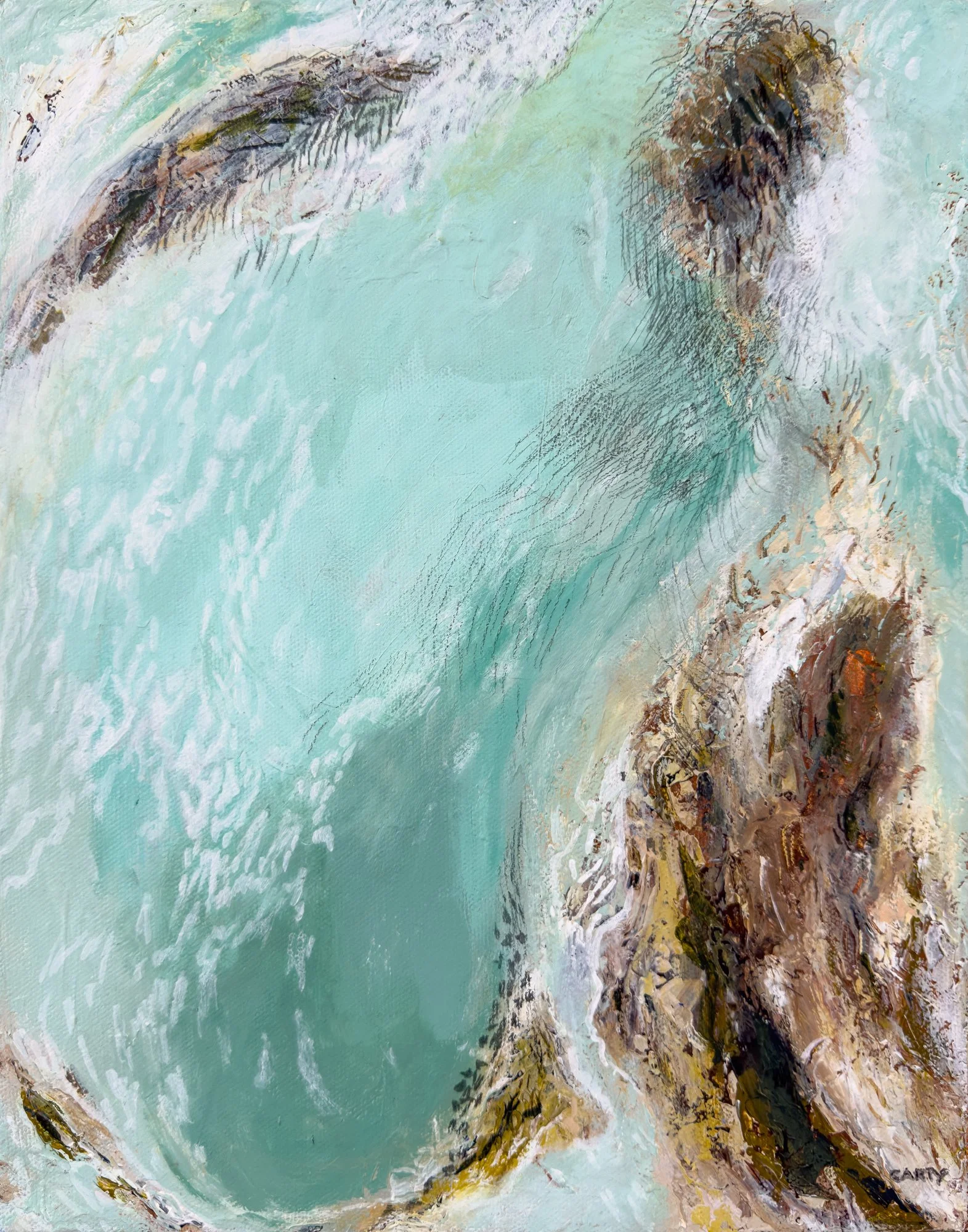 soothing Abstract coastal painting in blue green colors by Megan Carty