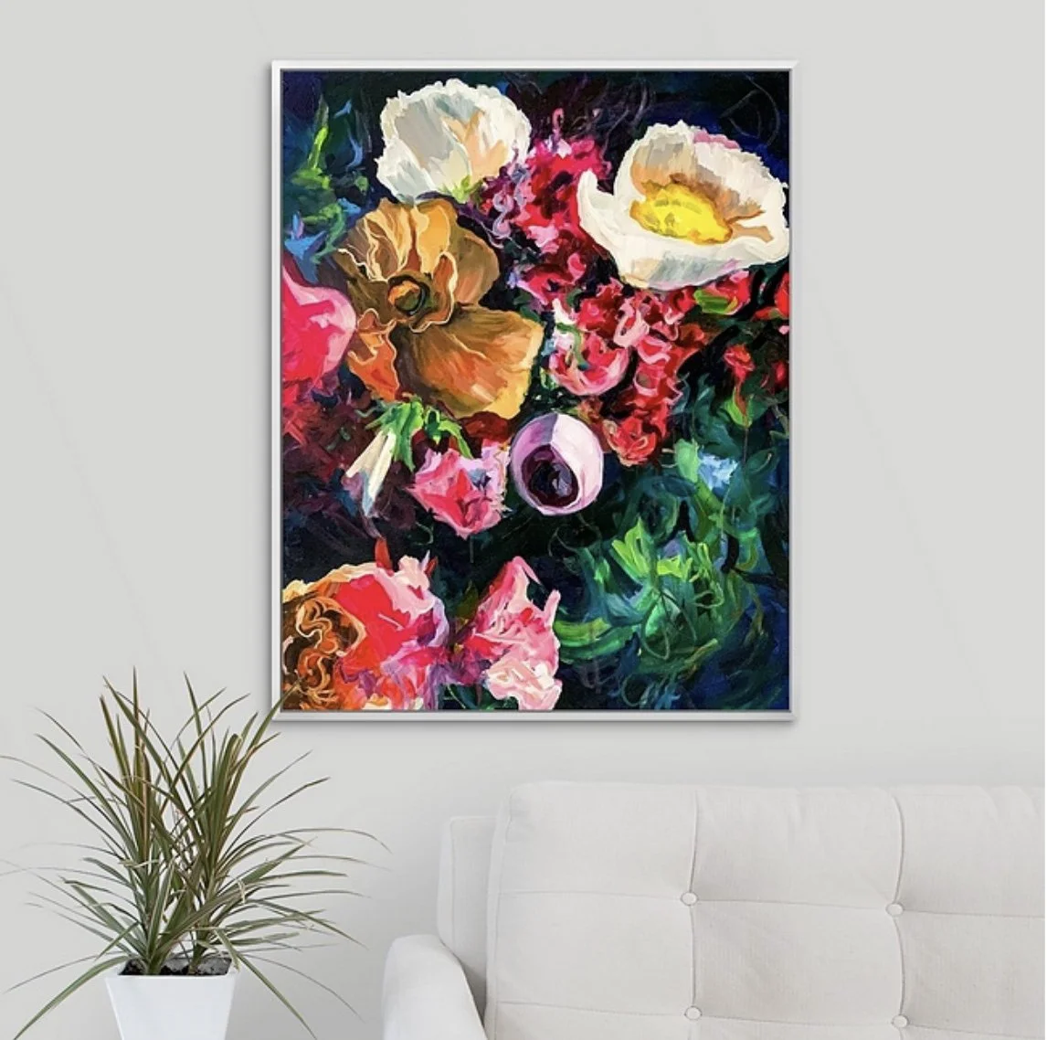 moody abstract floral painting fine art print in blues and pinks by Megan Carty