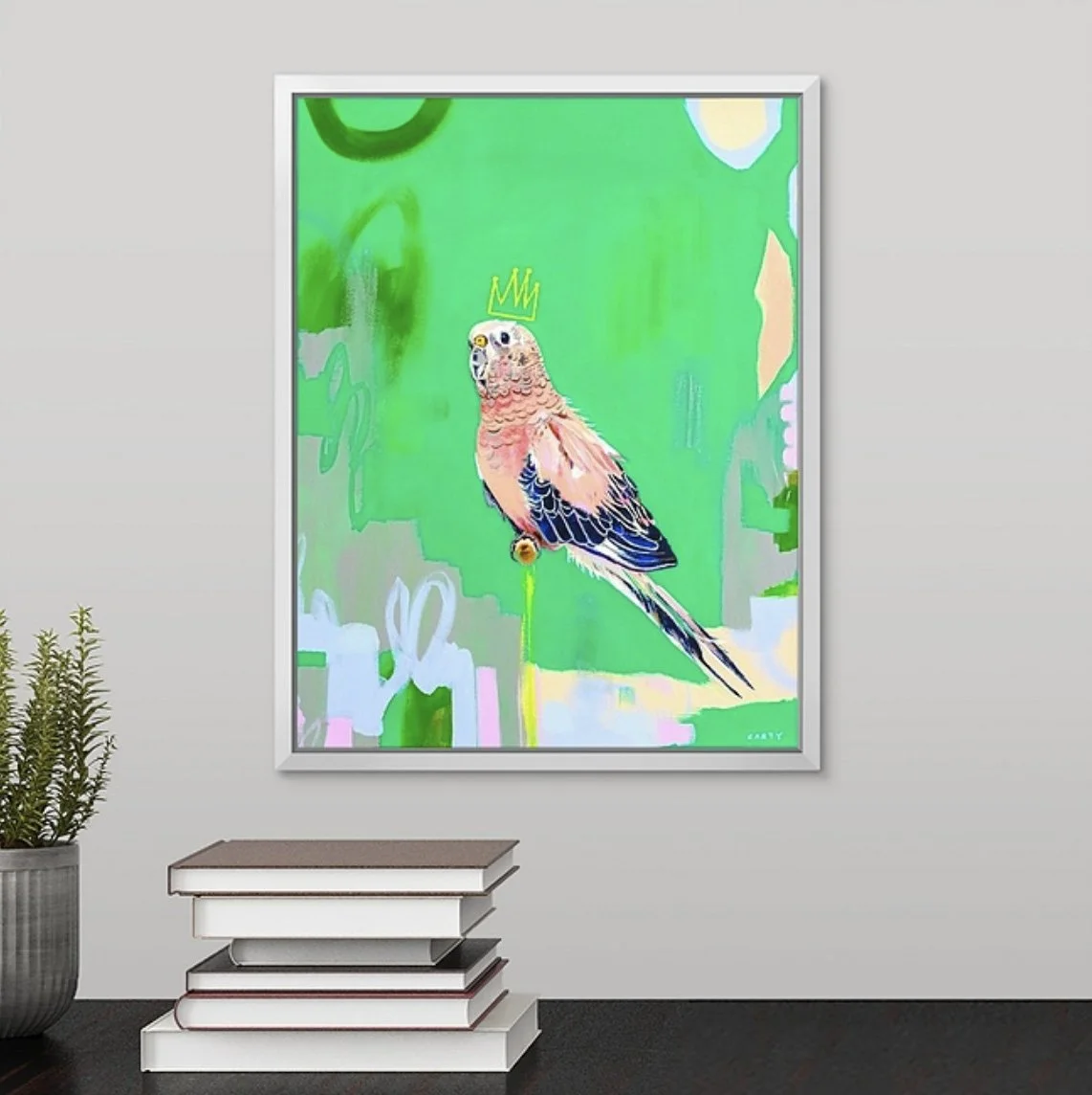 preppy palm beach decor, pink cockatoo art print by Megan Carty