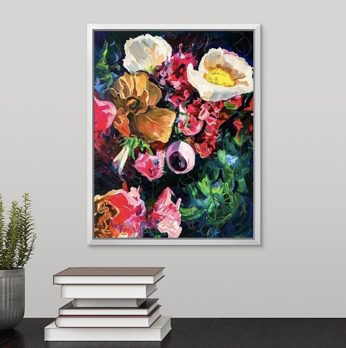 moody abstract floral painting fine art print in blues and pinks by Megan Carty