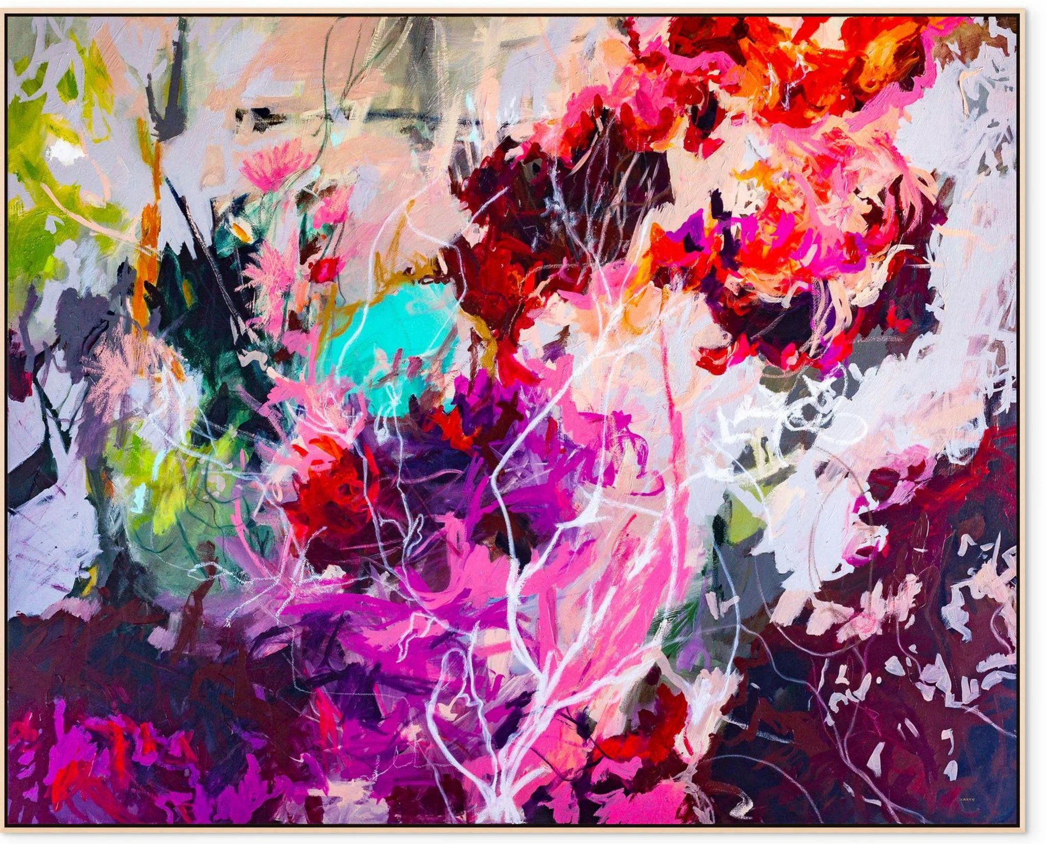modern abstract floral wall art print in pinks and maroons