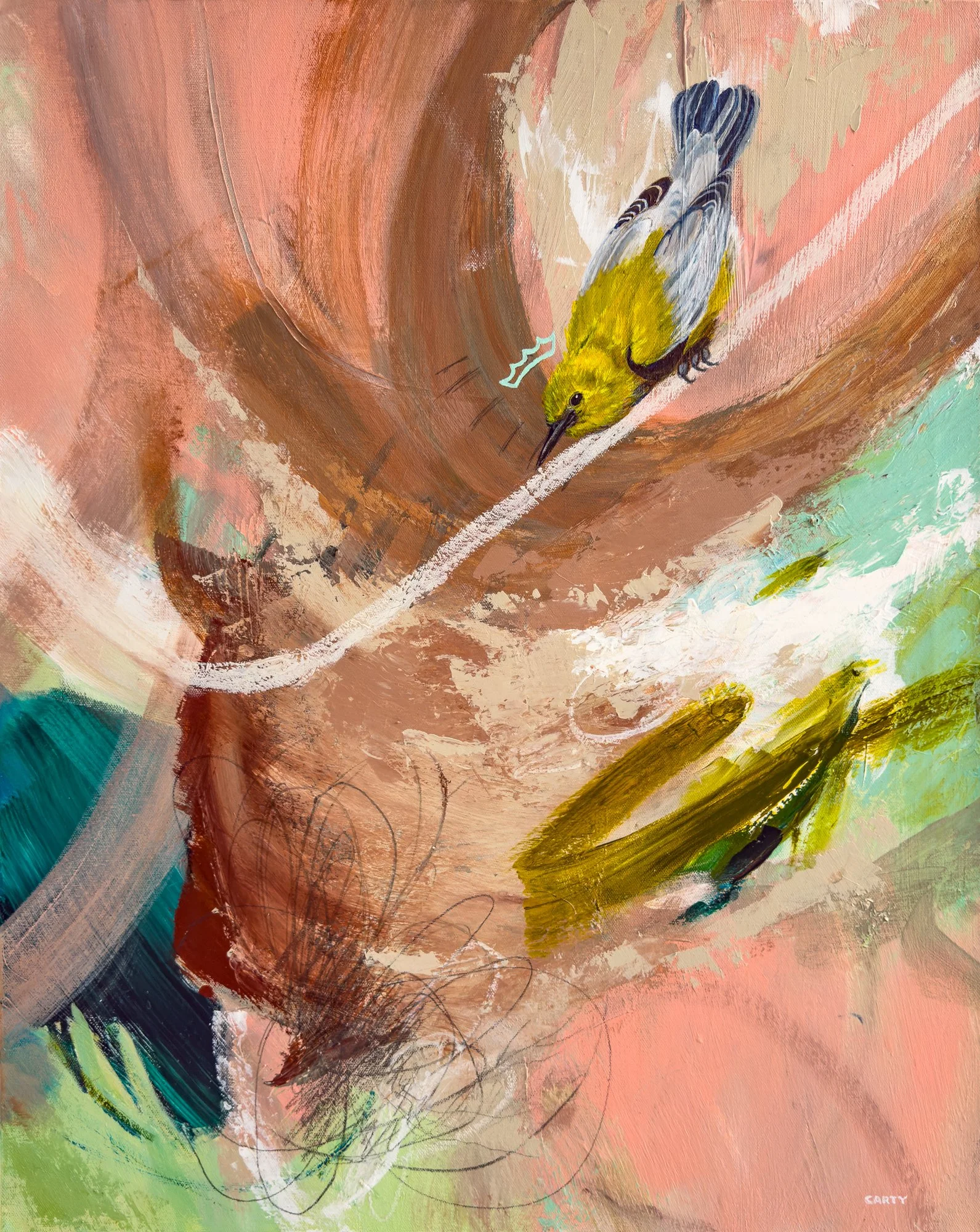 Yellow warbler wearing a crown, painting by Megan Carty