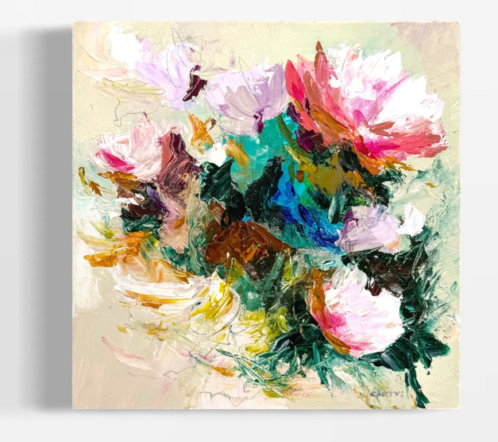 abstract floral painting done in palette knife by Megan Carty