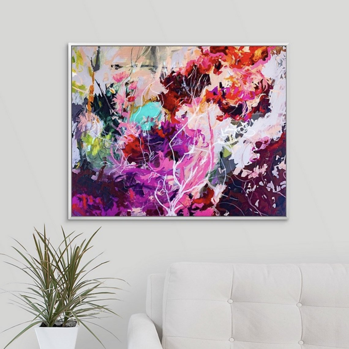 wooded abstract landscape painting in pinks and purples, fine art print by Megan Carty