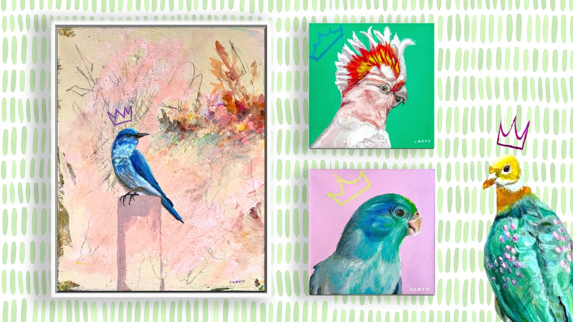 colorful bird paintings by Megan Carty hang on a brightly colored wall