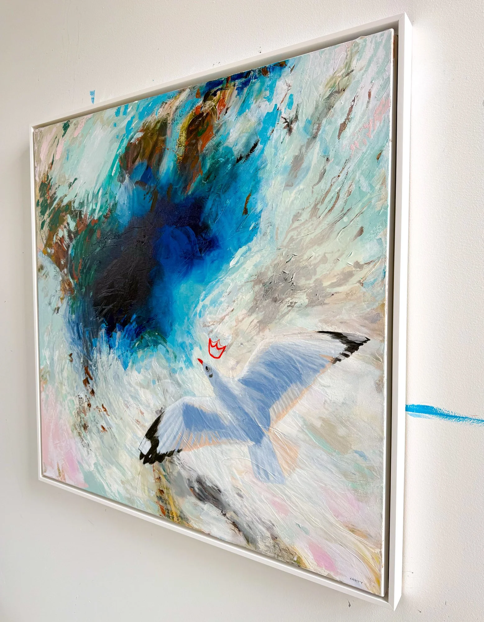 large coastal art painting of a flying seabird by Megan Carty