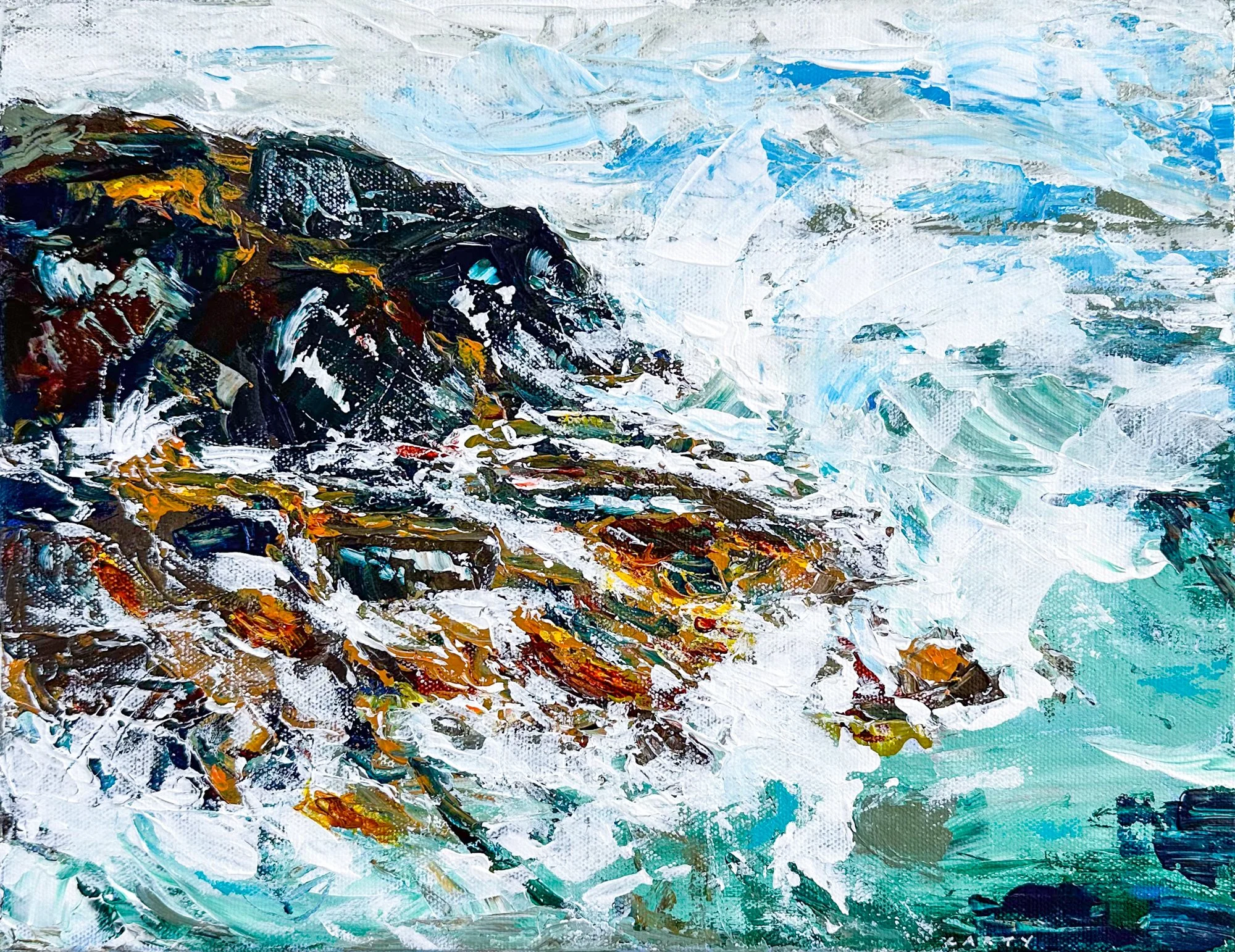 abstract seascape painting done in palette knife by Megan Carty