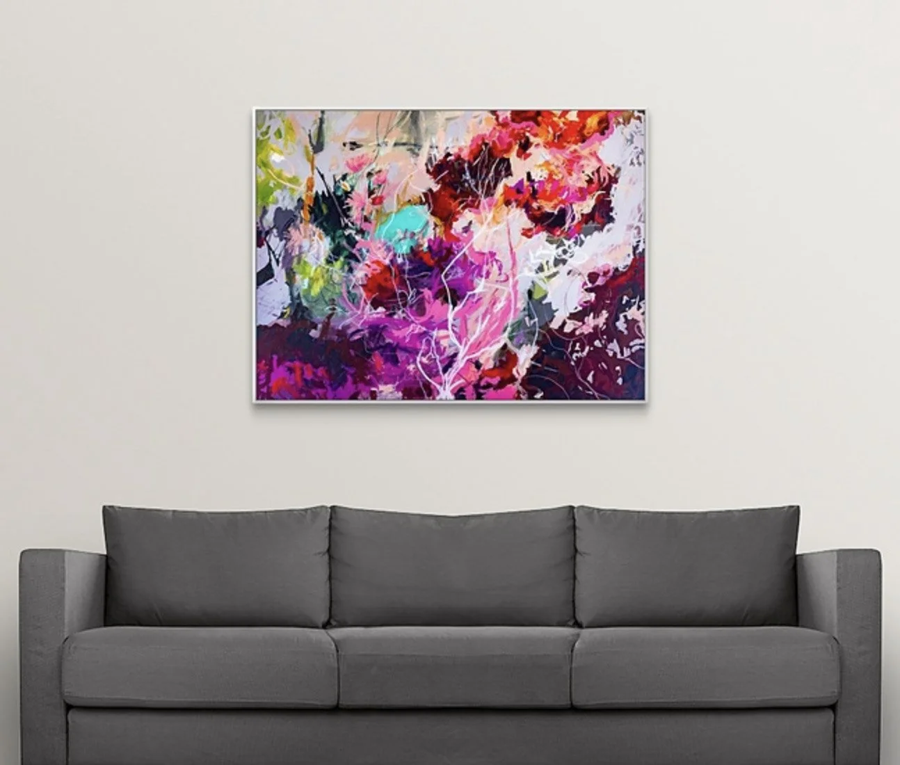 wooded abstract landscape painting in pinks and purples, fine art print by Megan Carty