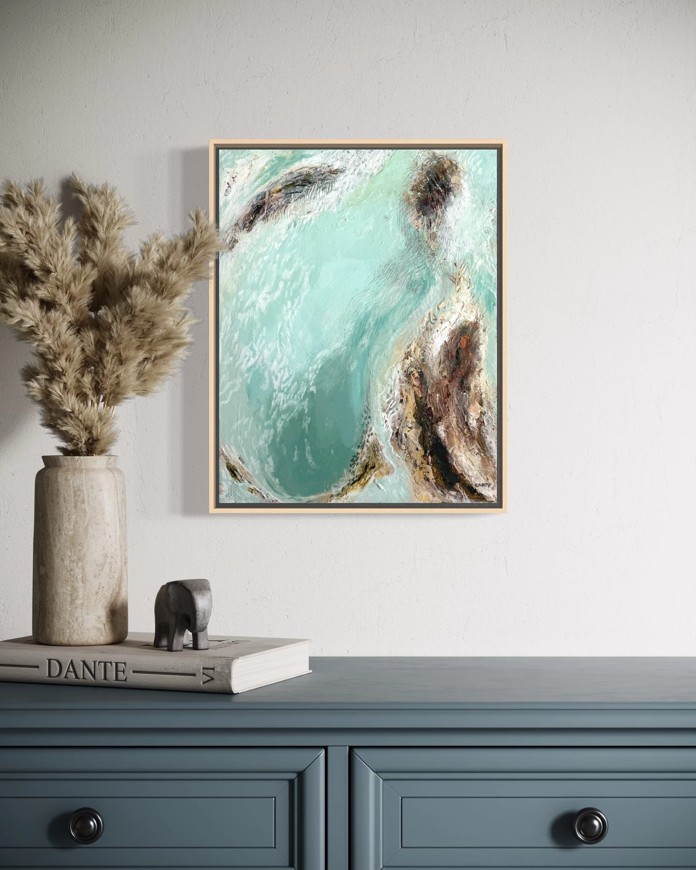 soothing Abstract coastal painting in blue green colors by Megan Carty