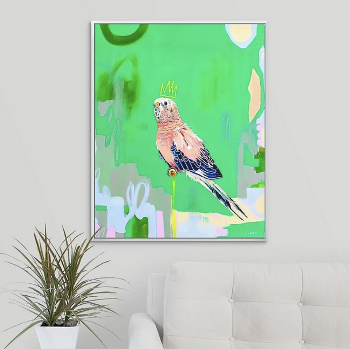 preppy palm beach decor, pink cockatoo art print by Megan Carty