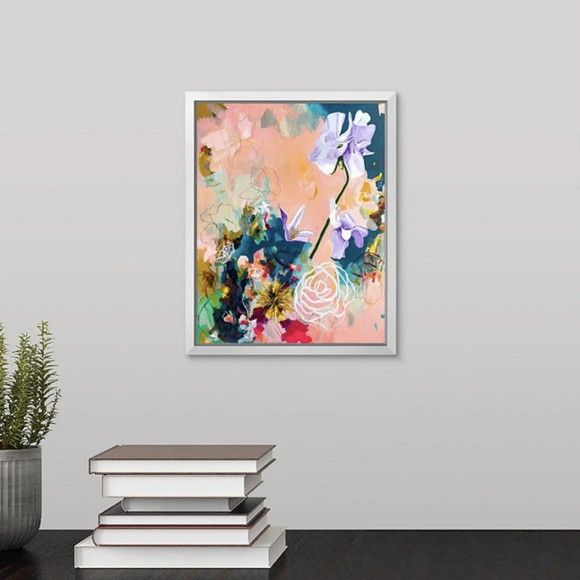 contemporary abstract floral painting, framed art print of an iris