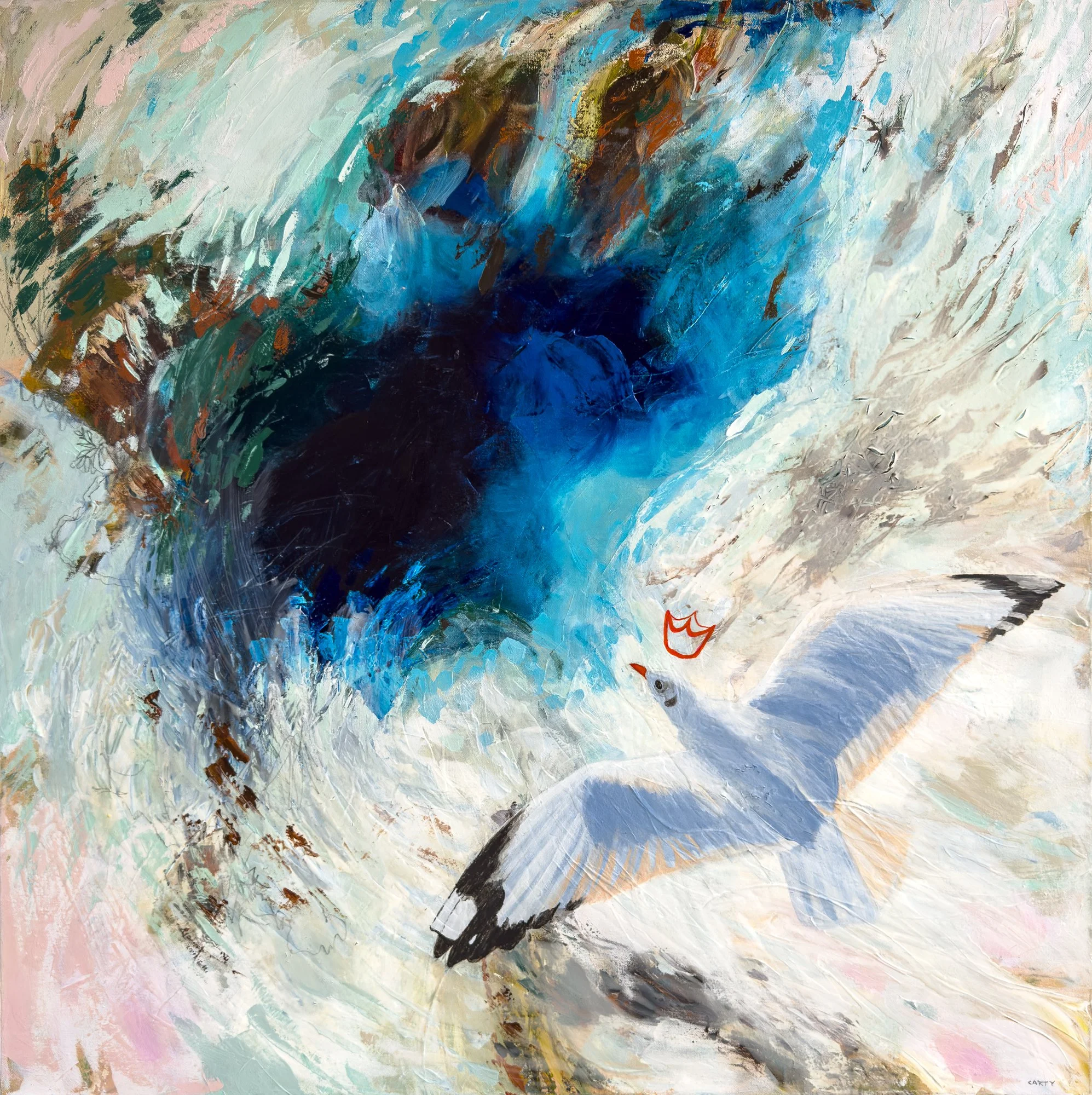large coastal art painting of a flying seabird by Megan Carty