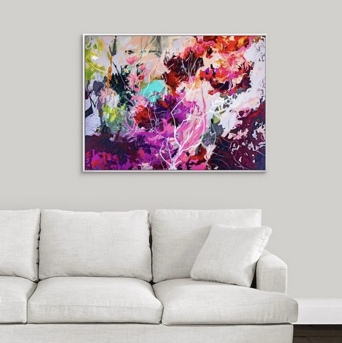 wooded abstract landscape painting in pinks and purples, fine art print by Megan Carty