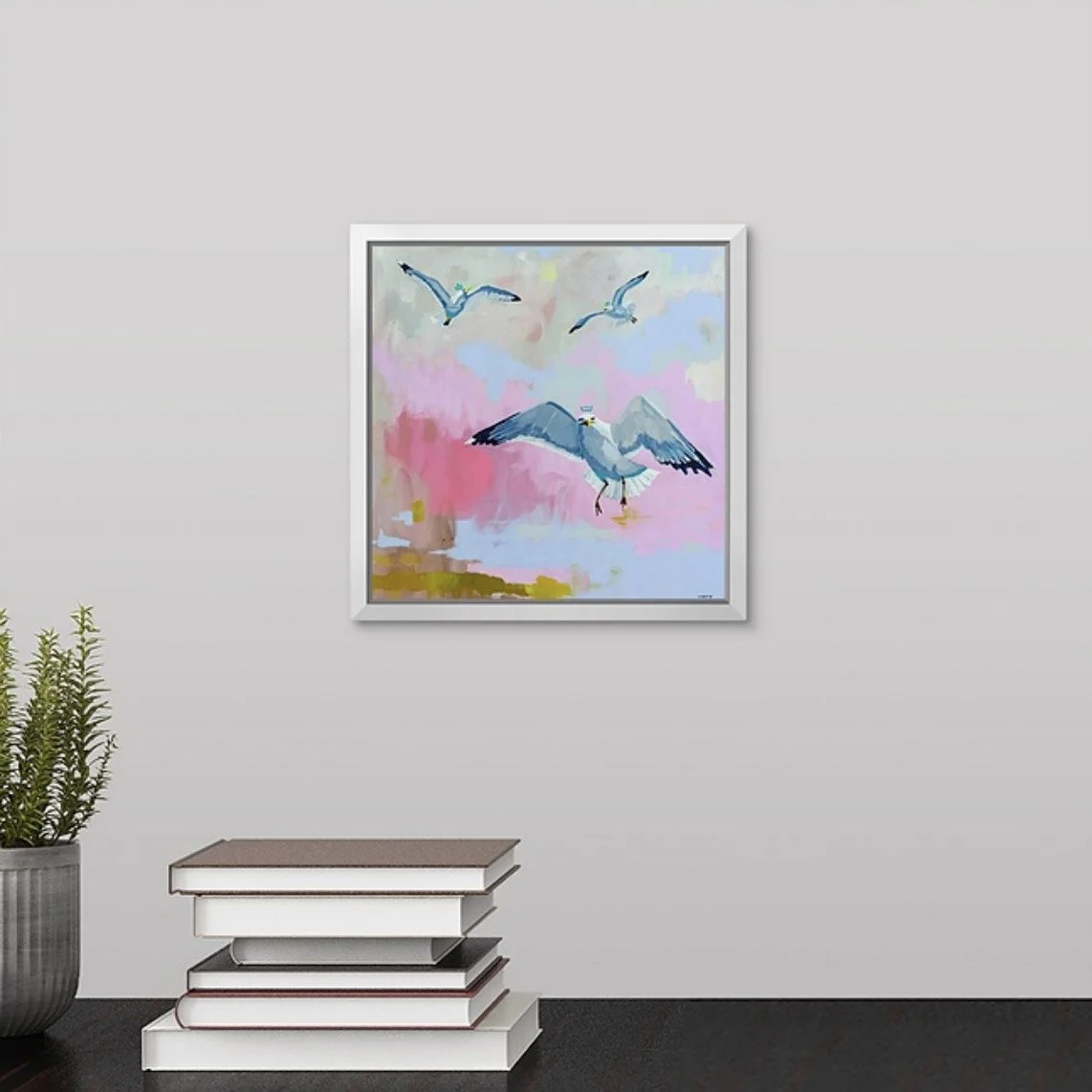 coastal art, framed canvas art print with seagulls by Megan Carty