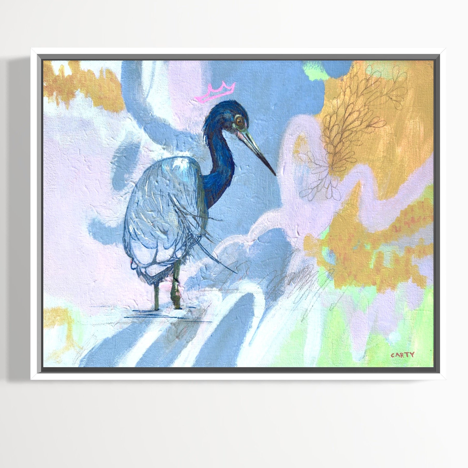 Helene Hunts for Live Ones, 11x14", framed black heron painting
