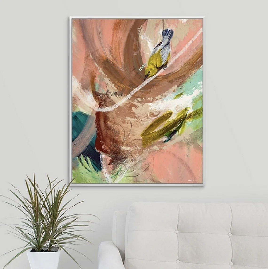 yellow warbler on a boho abstract fine art print by Megan Carty