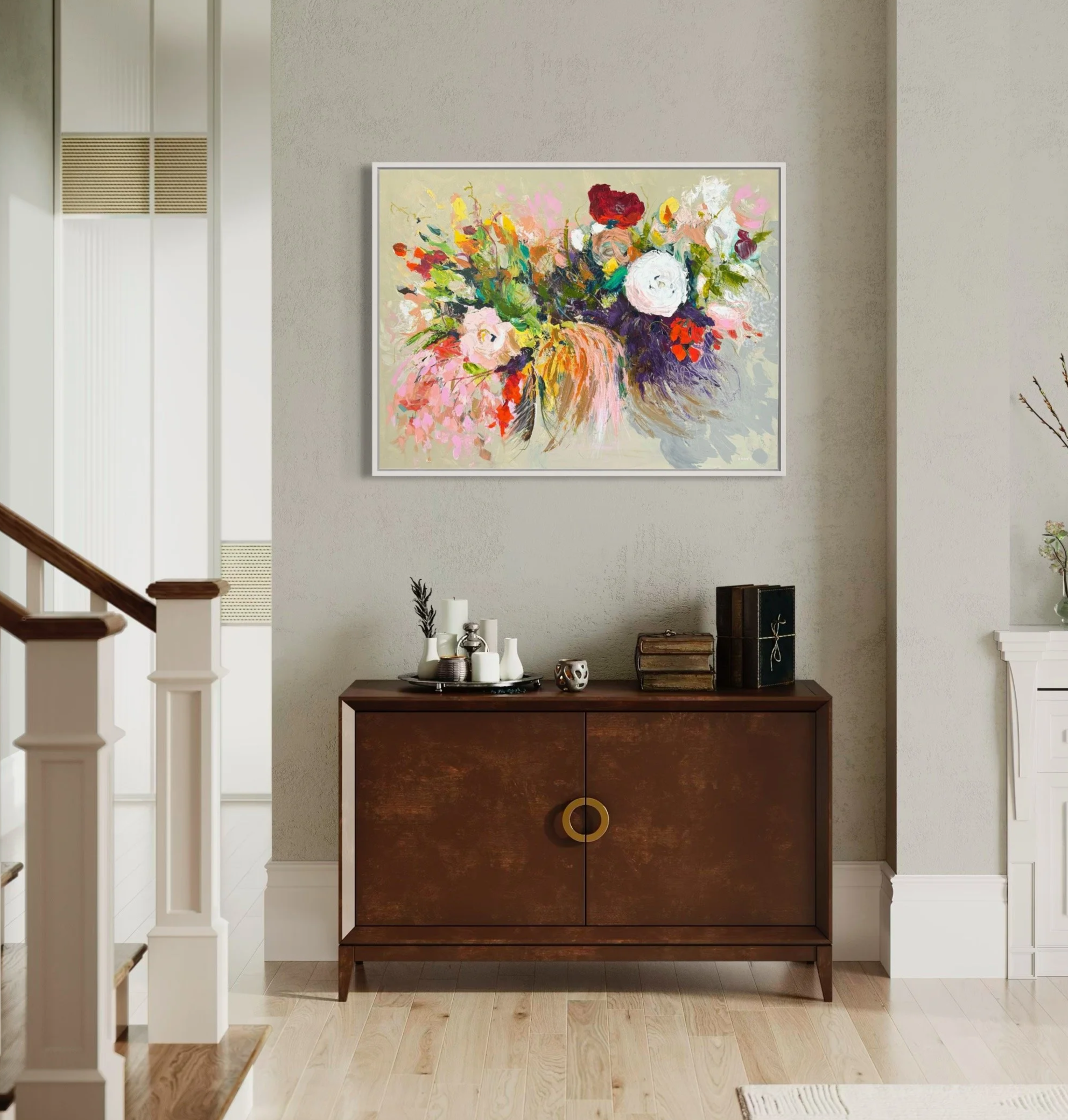 entryway decor ideas, abstract floral bouquet painting by Megan Carty
