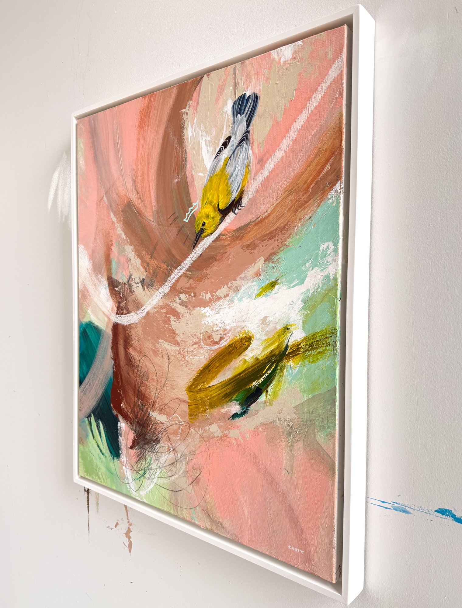 Yellow warbler wearing a crown, painting by Megan Carty